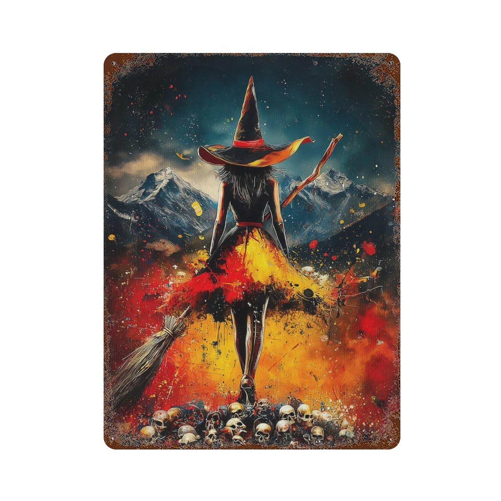 Rust Effect Witch on Broomstick with Skulls Vintage Metal Tin Sign 15.7"x11.8", Vintage Wall Decor for Office, Studio And Wall Decor