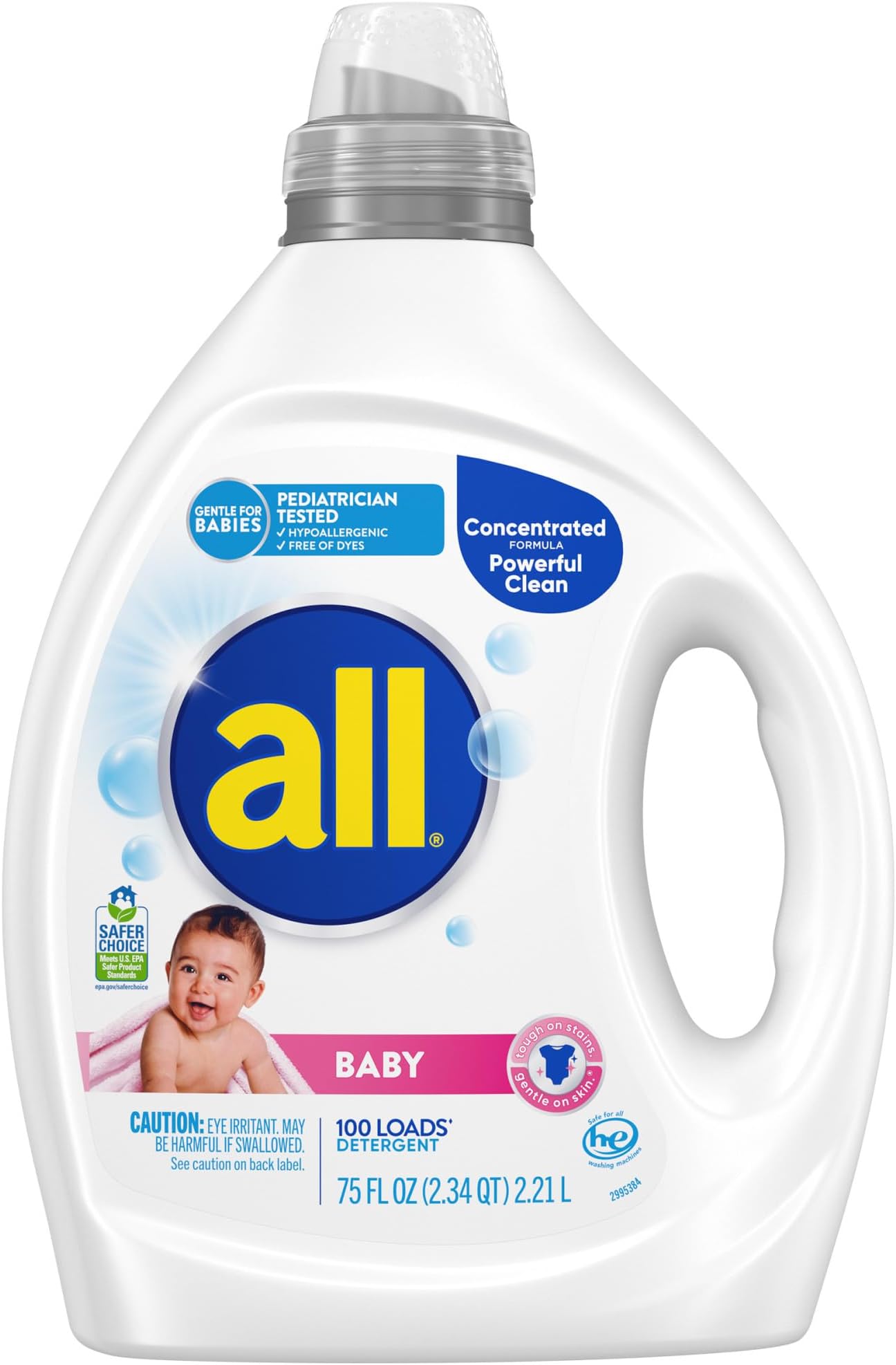 all Baby, Gentle for Baby, Liquid Laundry Detergent, Hypoallergenic for Sensitive Skin, Concentrated, 75oz, 100 Loads
