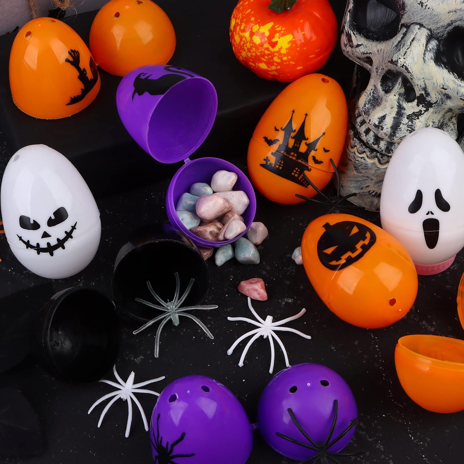 80 Pcs Halloween Eggs Skull Plastic Eggs Scavenger Hunt for Trick or Treating Candy Box Favor Mini Pumpkins Ghost Spiders Favors for Halloween Party Supplies