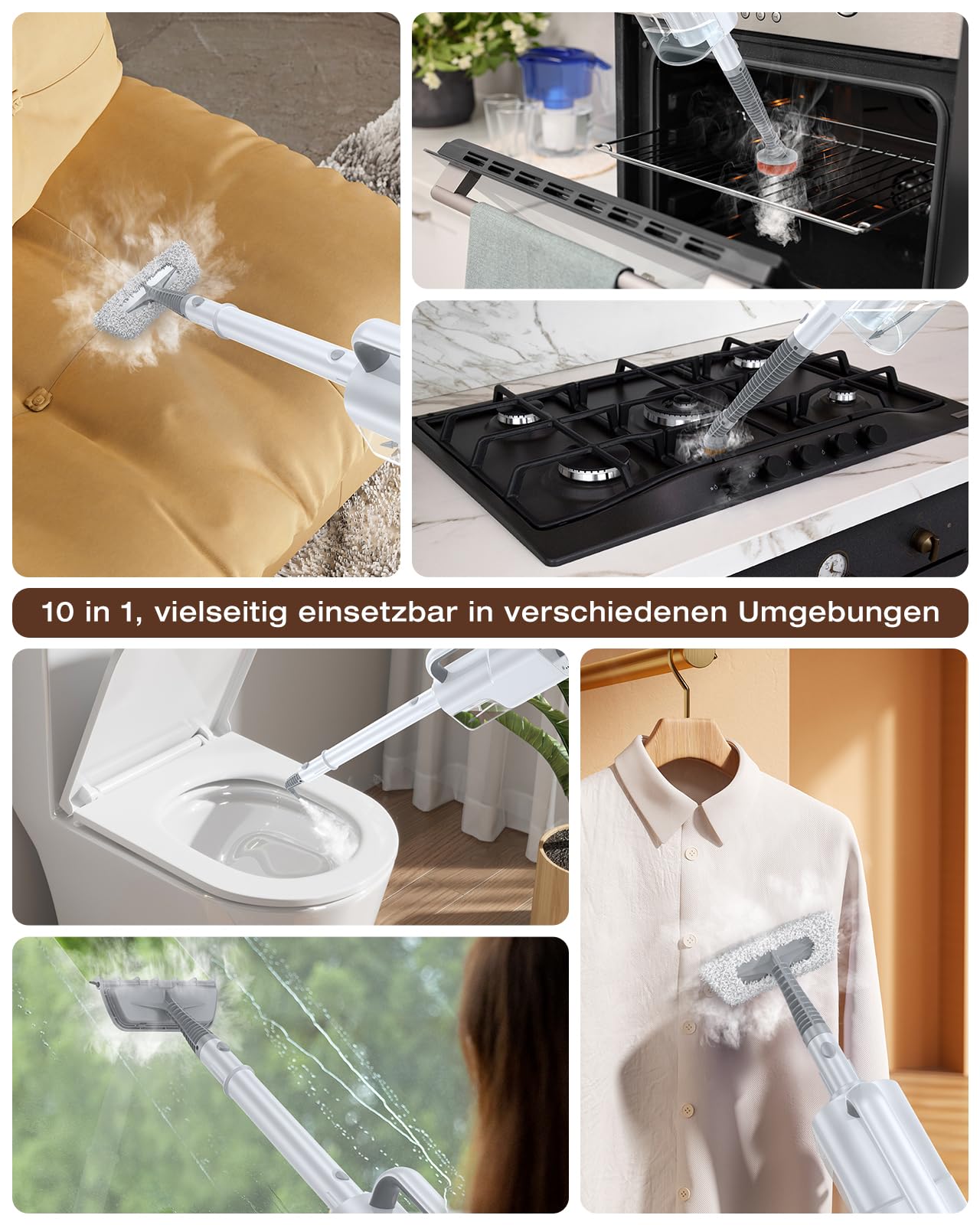 10-in-1 Dampfreiniger mit abnehmbarem Handgerät, 350ml Tank, 10s Aufheizzeit, 248°F (120°C) Dampf,Zubehör 2-Stufen Steuerung & Drehkopf für Böden, Teppiche, Fliesen - Leichtgewicht & Multifunktional