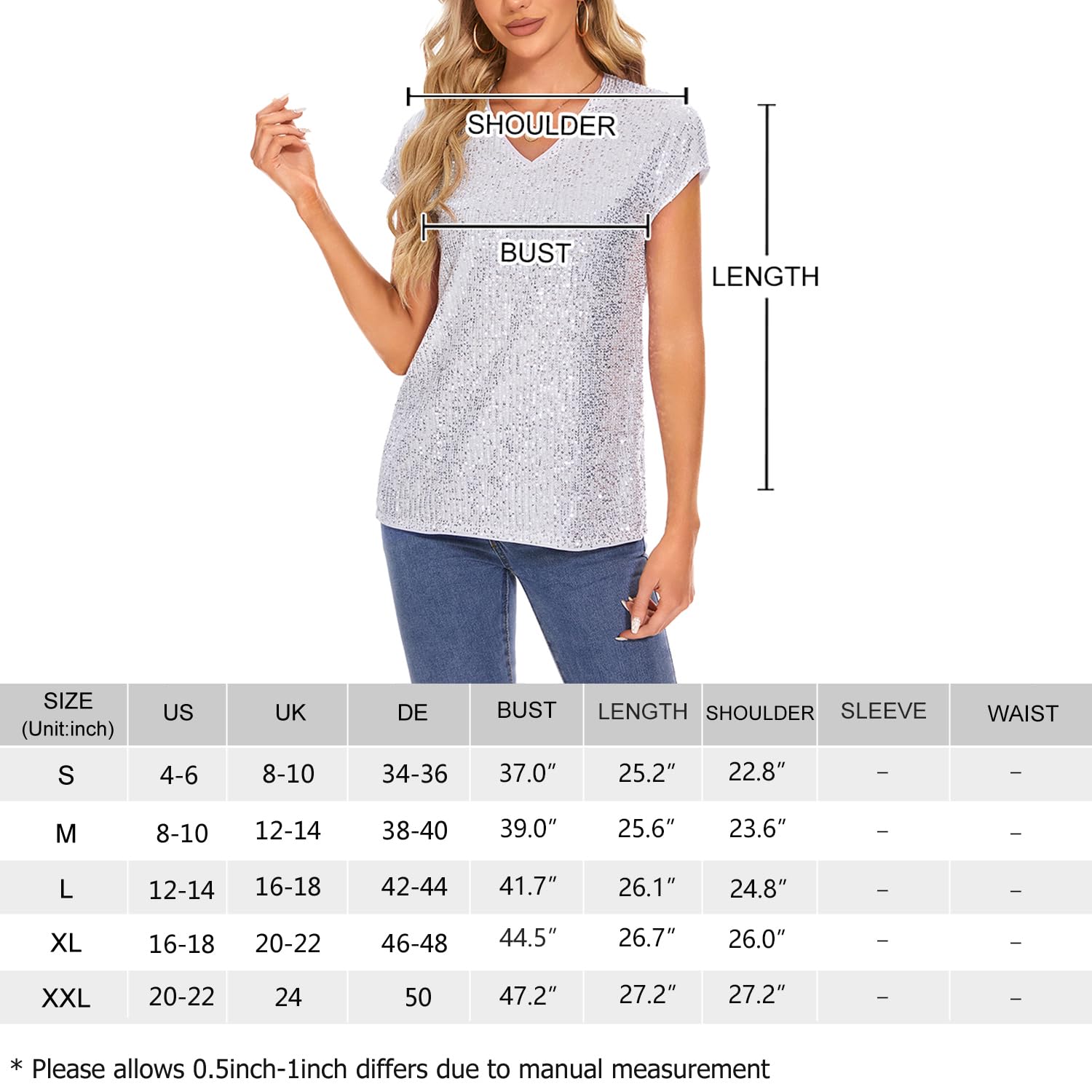 MINTLIMIT Haut pour femme à paillettes et à glissière, manches courtes, col en V, T-shirt, blouse, manches à capuchon, décontracté, fête, festival, club, b-noir, S