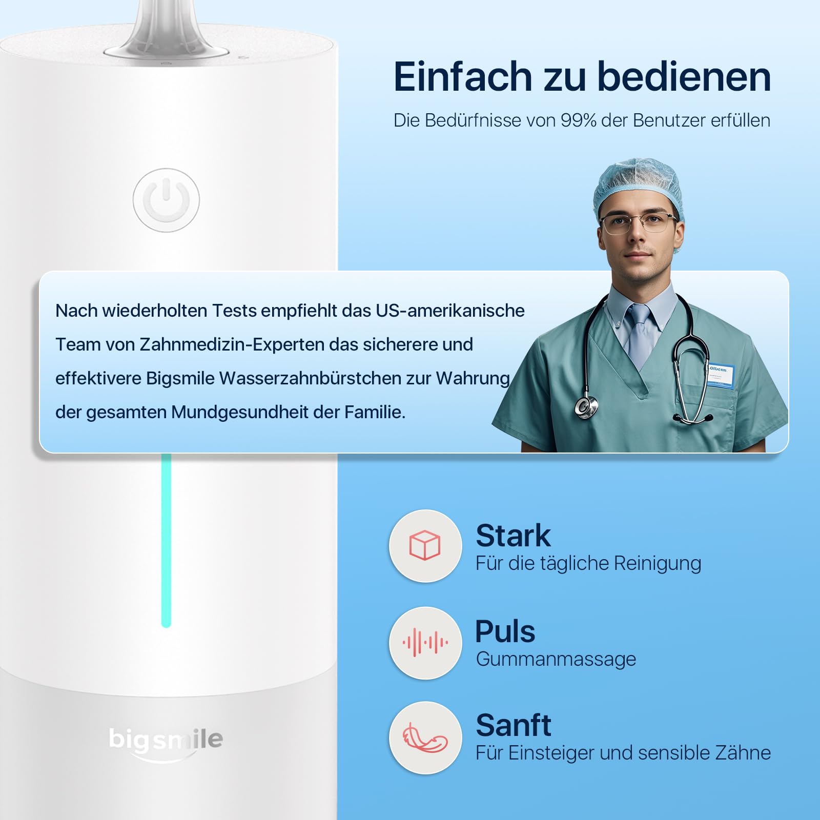 Bigsmile Wasserzahnseide, Zahnbürste Mundspülger mit 200 ml Fassungsvermögen, wiederaufladbar, Reisemundspülger, IPX7 wasserdicht, Effektiv den Mund sauber und gesund halten (weiß)
