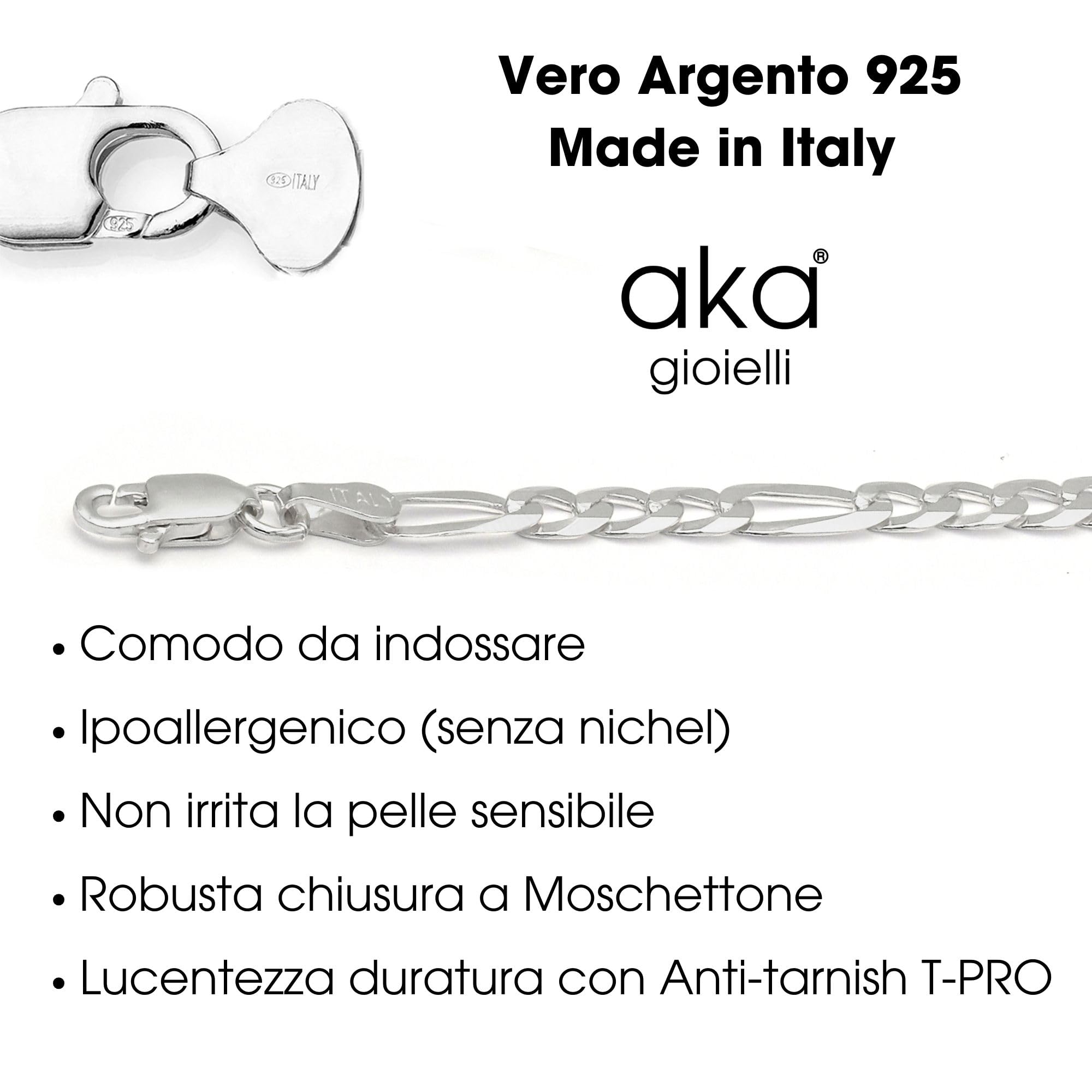 Aka Gioielli® - Catena Maglia Figaro 11mm in Argento Sterling 925 - Collana Uomo Lunghezza: 50 55 60 70 cm
