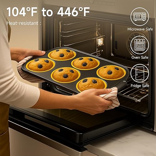 Miniatura 5 de Molde de silicona para magdalenas para hornear con marco de metal, antiadherente, 6 tazas de silicona para magdalenas, bandeja para magdalenas,