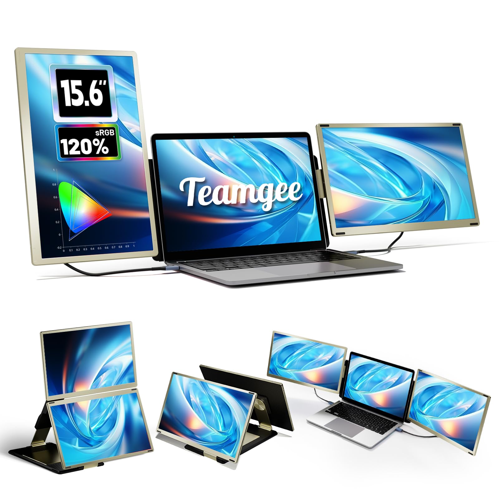 Teamgee 15.6" Laptop Bildschirm Extender für alle Laptops, 120% sRGB FHD 1080P Triple Portable Laptop Monitor Erweiterung mit Type-C USB HDMI Plug-Play für Mac, Windows, Chrome, Android