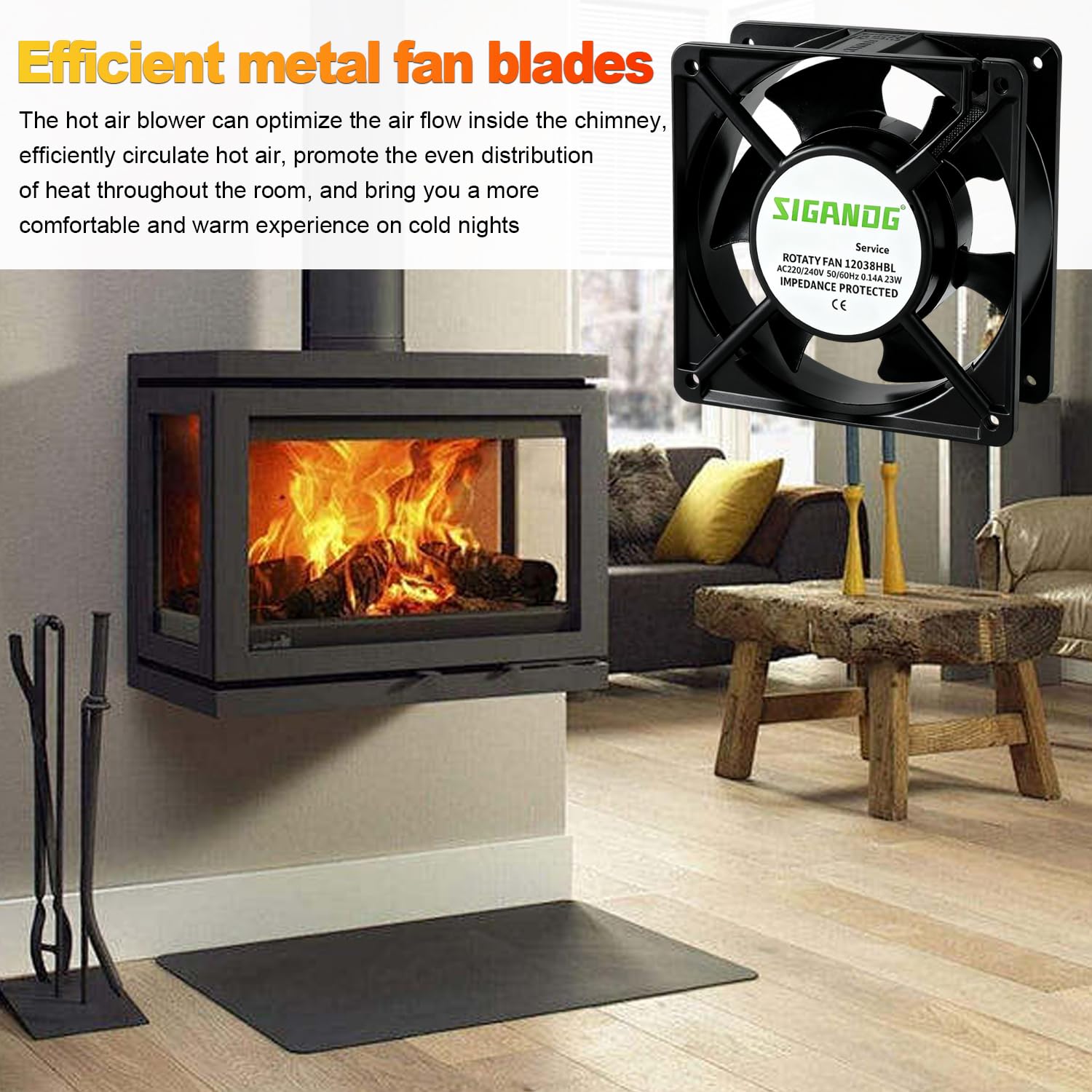 Ventola assiale inseribile 120 x 120 x 38 mm, ventola alimentata a calore, ad alta temperatura, per cassetta camino, di pale metalliche, ecologica