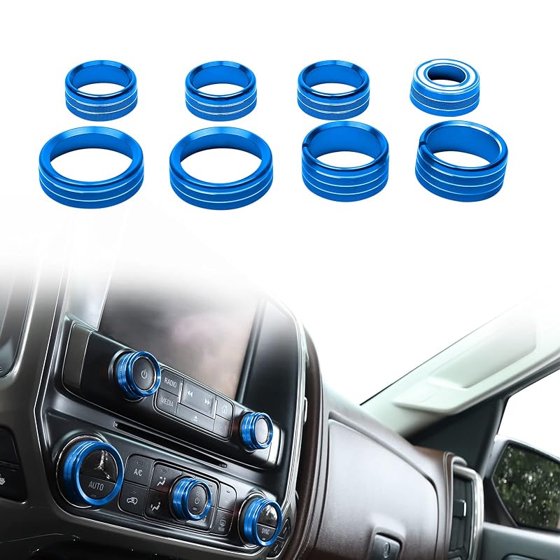 Kit de capas para botões do console central e controle do ar-condicionado JeCar para Chevy Silverado e GMC Sierra 2014 a 2018, azul, 8 peças