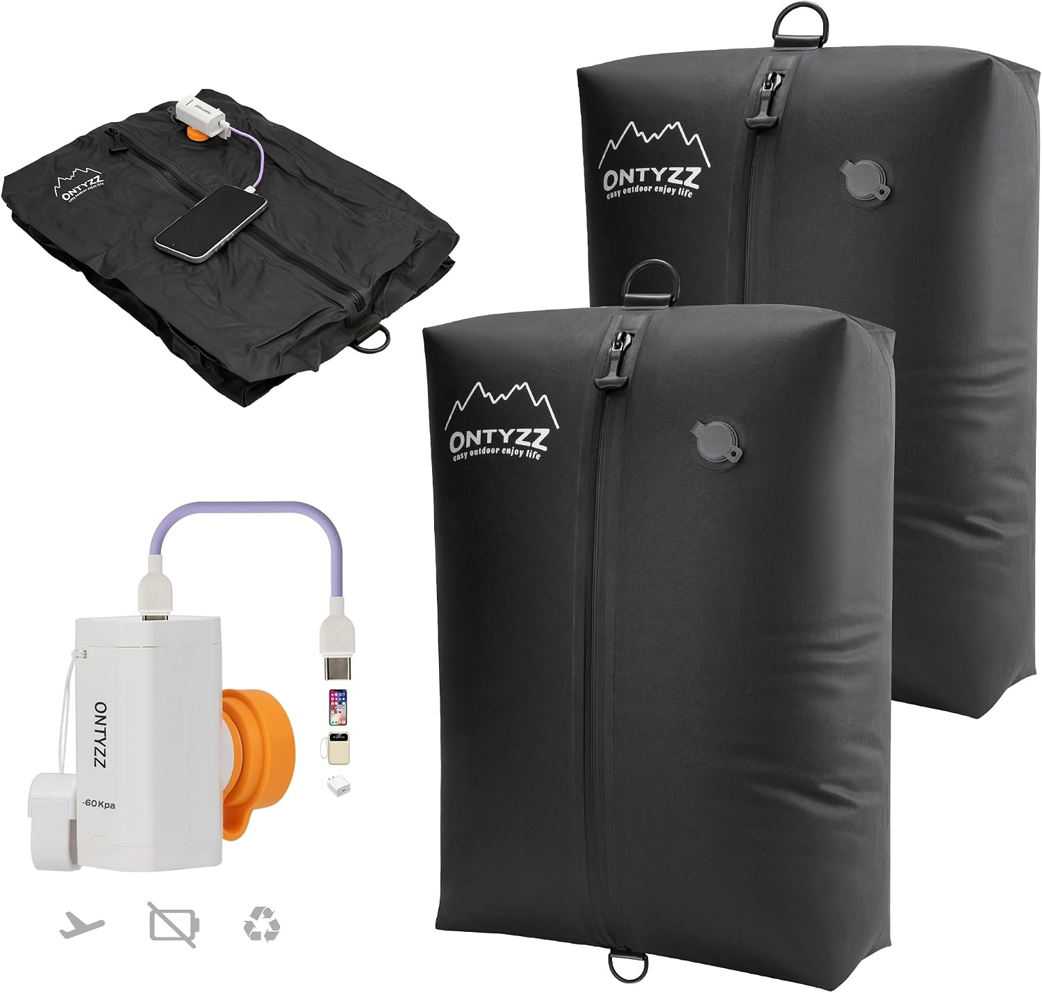 ONTYZZ Vacuum Bags for Travel Reusable Vacuum Compression Bags, 2 Pc Black