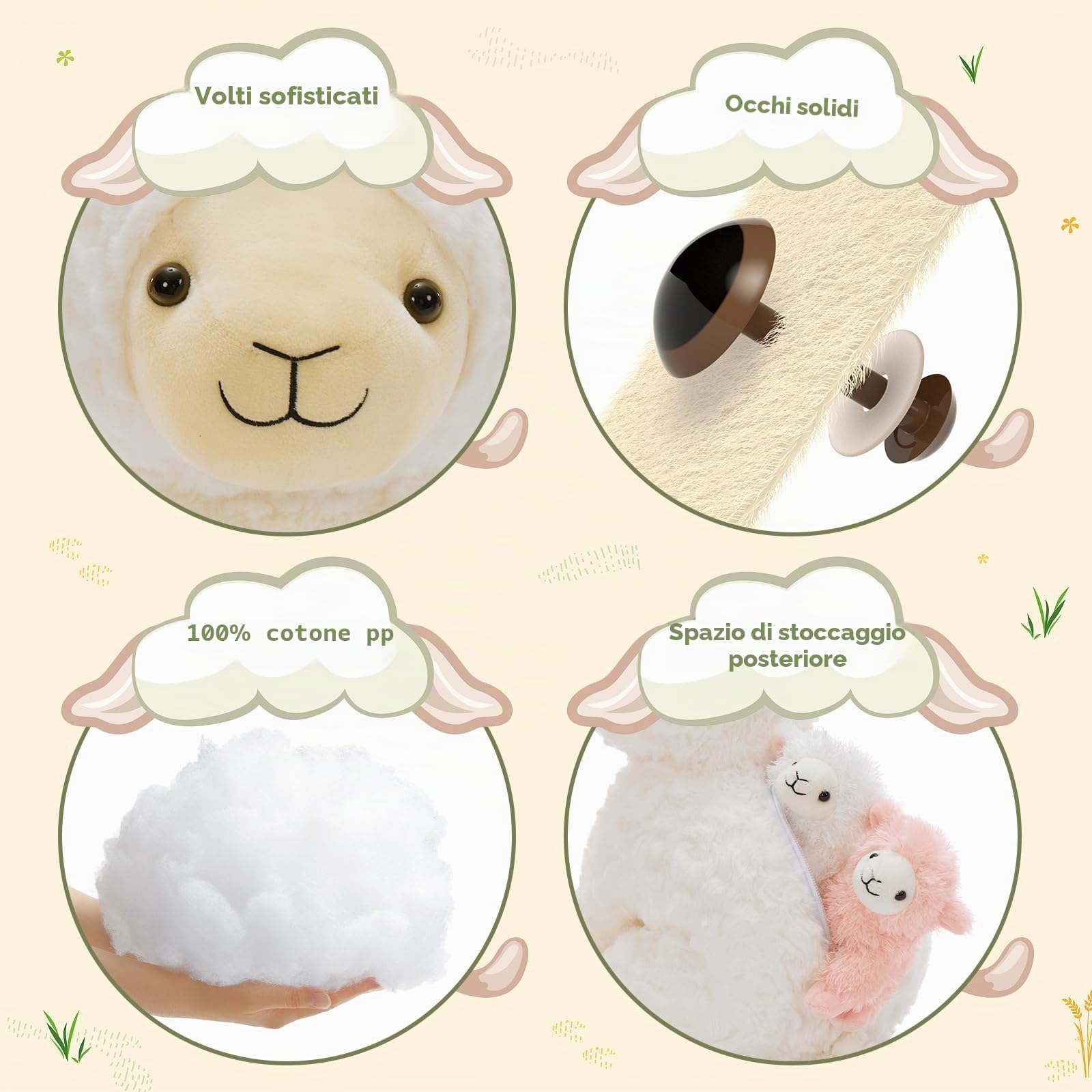 MorisMos Peluche a forma di pecora, XXL, con 4 agnello nella pancia, 35 cm, di peluche, per compleanno, Natale, per bambini e bambine