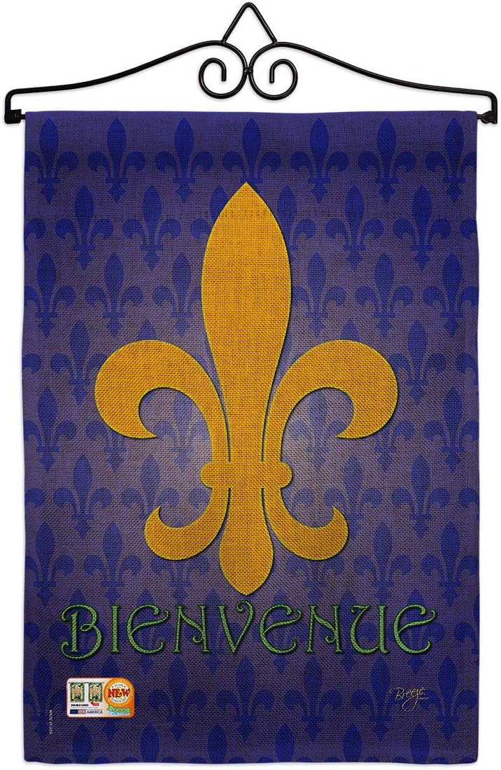 Bienvenue Burlap Garden Flag Set Wall Hanger Country Living Fleur De Lys Vintage Flower Lily Lis French Party Mardi Small Decorative Gift Yard House Banner Double-Sided Made In USA 13 X 18.5