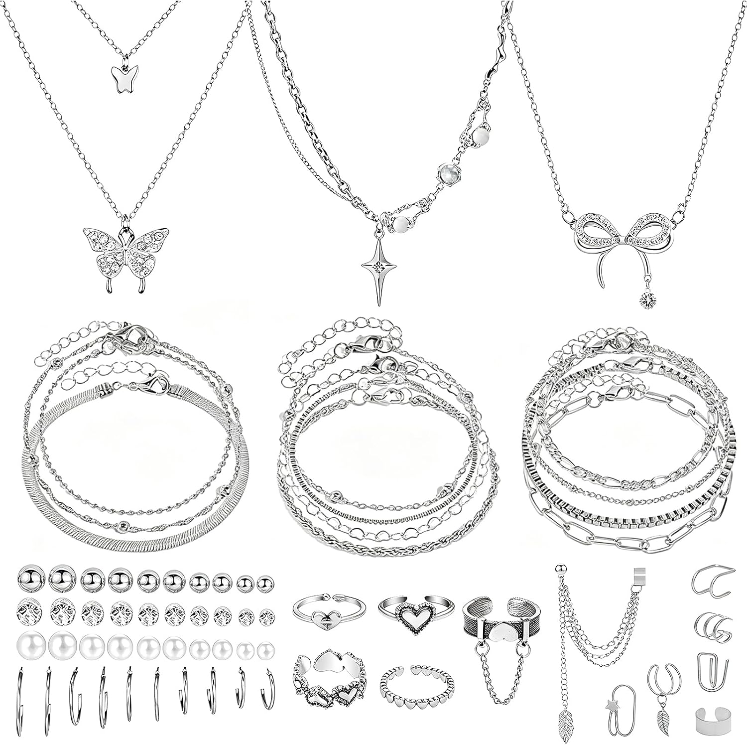 NEWITIN 66 Pcs Silver Jewelry Set for Women Fashion Costume Y2K Jewelry Set