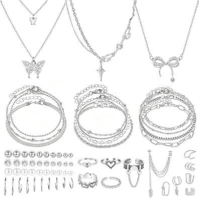 NEWITIN 66 Pcs Silver Jewelry Set for Women Fashion Costume Y2K Jewelry Set