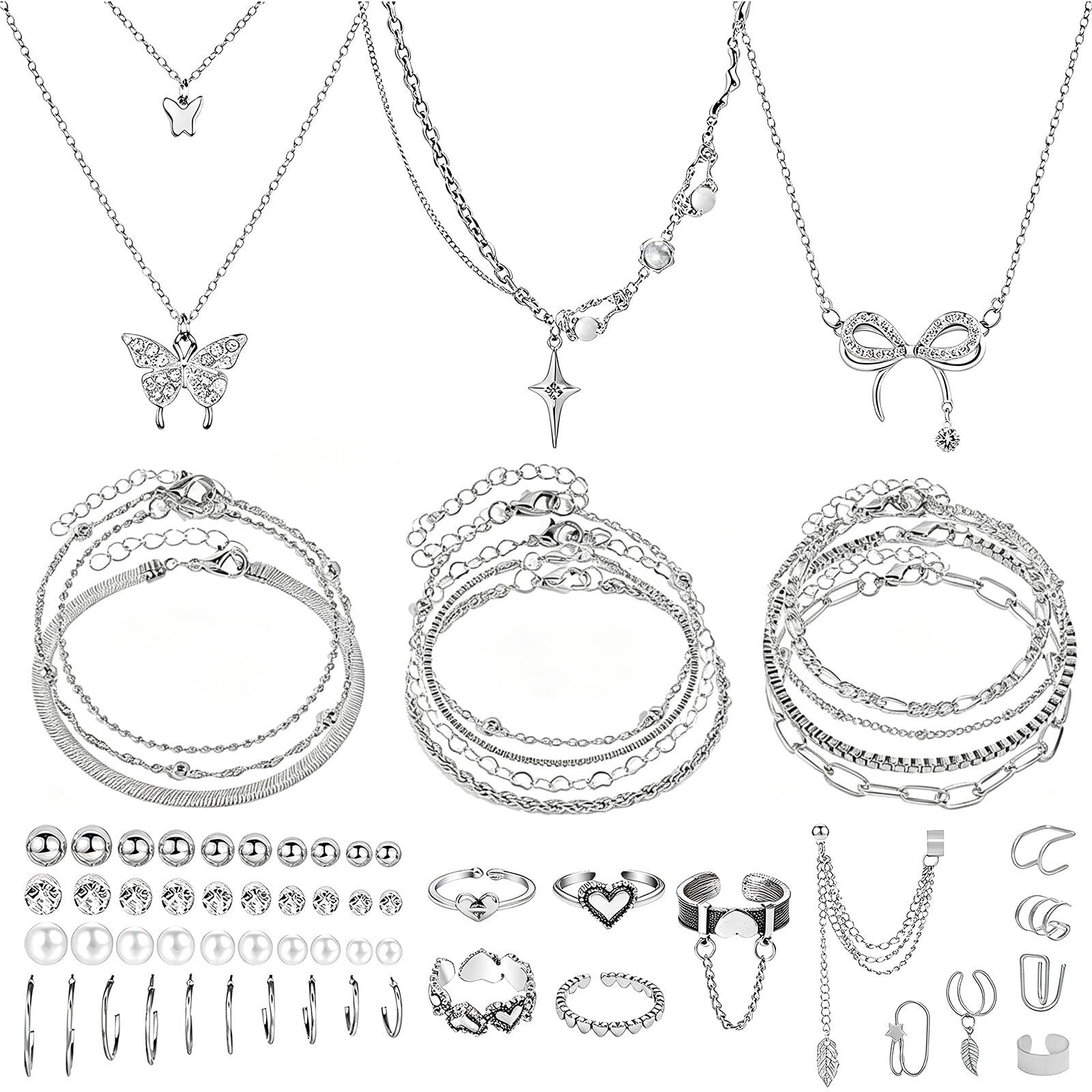 NEWITIN 66 Pcs Silver Jewelry Set for Women Fashion Costume Y2K Jewelry Set