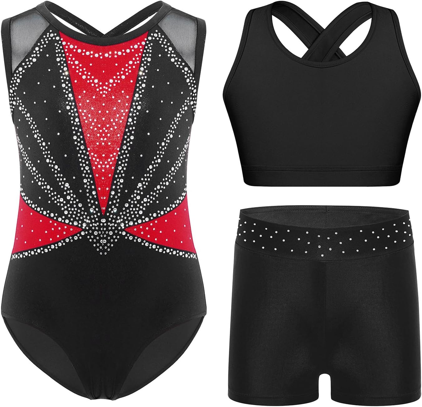 Freebily Gymnastics Leotard for Girls Sleeveless Dance Bodysuit Sparkle Tumbling Unitard with Crop Top and Shorts