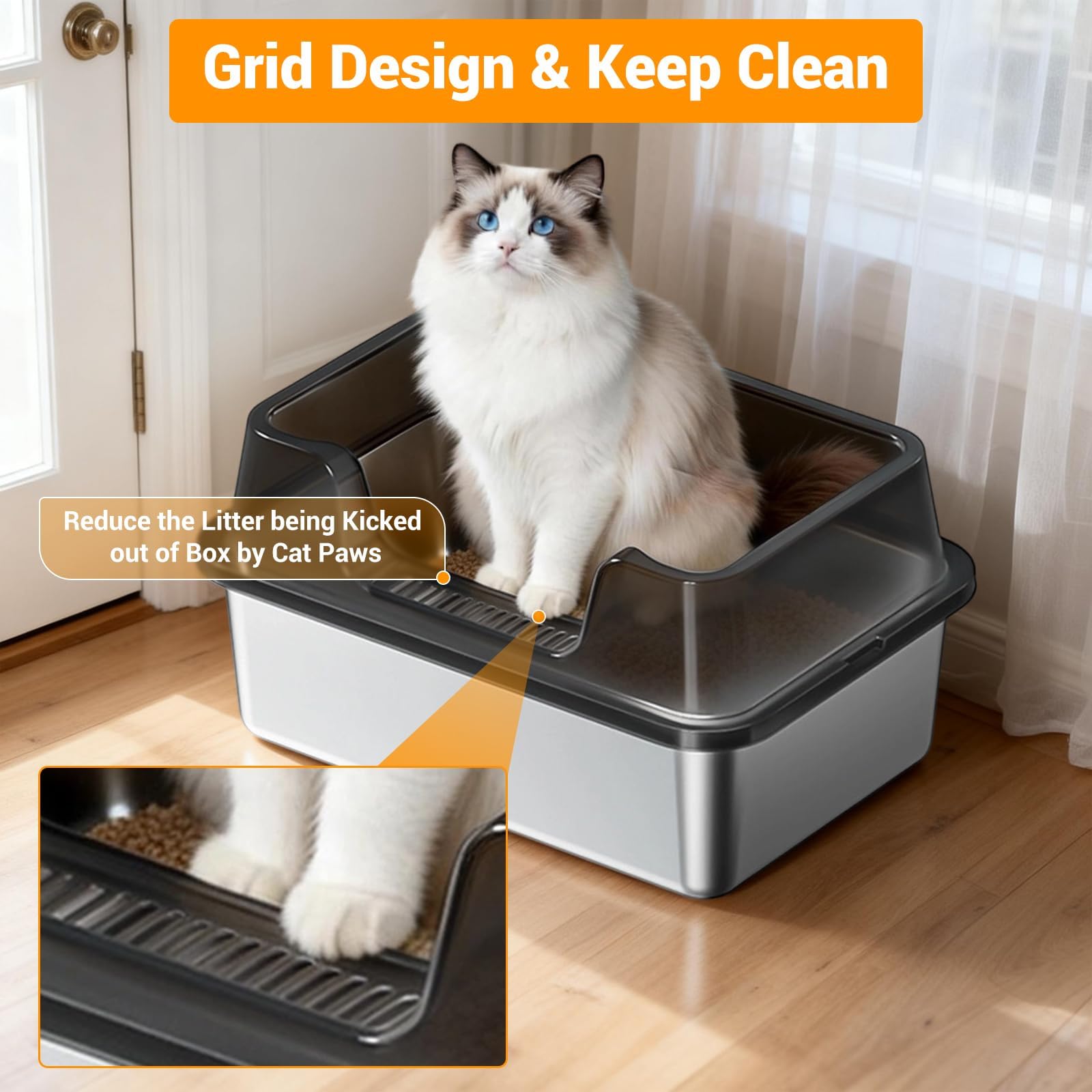 Stainless Steel Litter Box, XL Enclosed Cat Litter Boxes with Lid for Big Cats and Multi-Cats, High Sided, Anti-Urine Leakage Non-Stick Bottom Include Scoop Easy to Clean - image 2