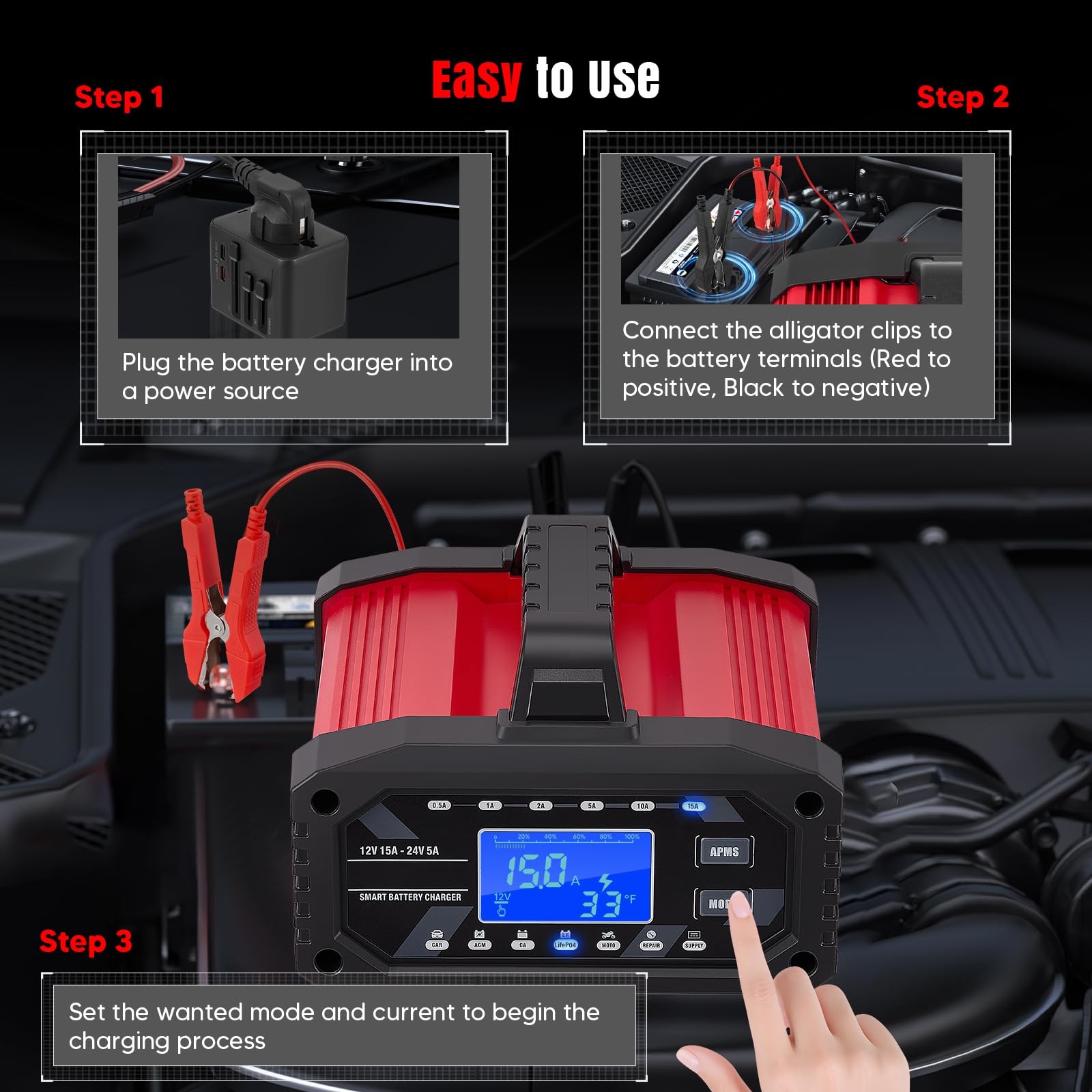 15A Cargador de Batería de Coche, 12V 24V LiFePO4 Cargador de Batería de Coche Portátil 10-Etapas Batería Inteligente para Coche, Camión, Moto, Cortacésped, Barco, Marina