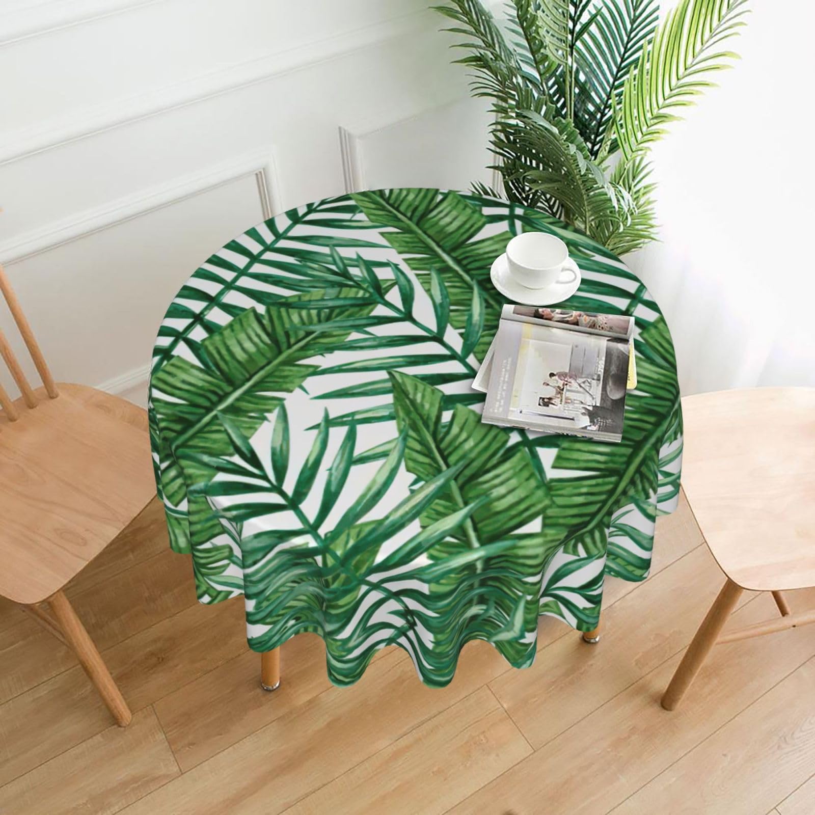 SDEGTHO Banana Leaf Green Print Modern Retro Round Tablecloth 60in Polyester Fabric Cover for Party Dining Table Washable
