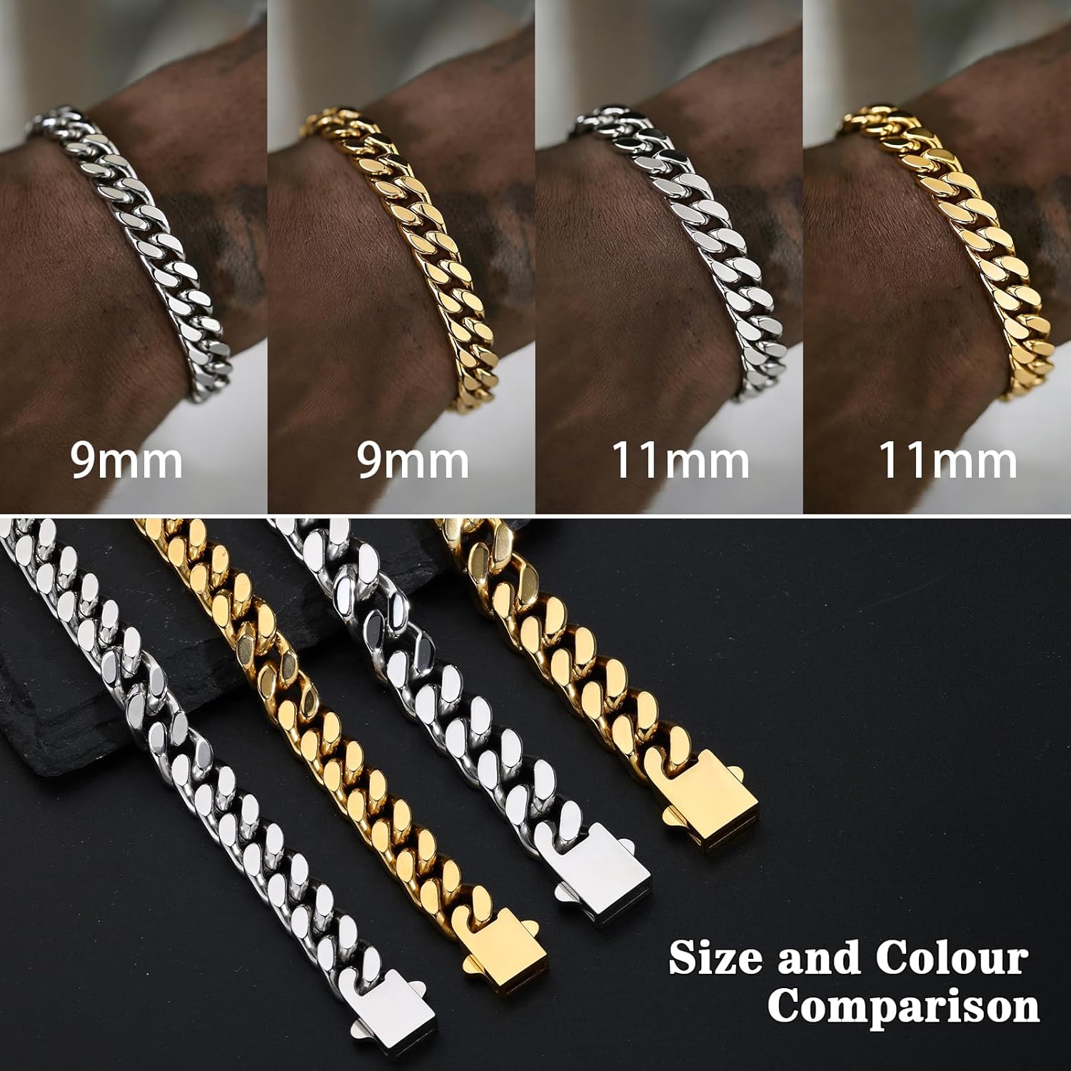 Stainless Steel Cuban Link Bracelet for Men - Gold/Silver Plated Miami Curb Chains Bracelet - Cuban Hand Chain Wrist Bracelet Hip Hop Jewelry, 9mm/11mm Width, 7.5"/8.3"/9"