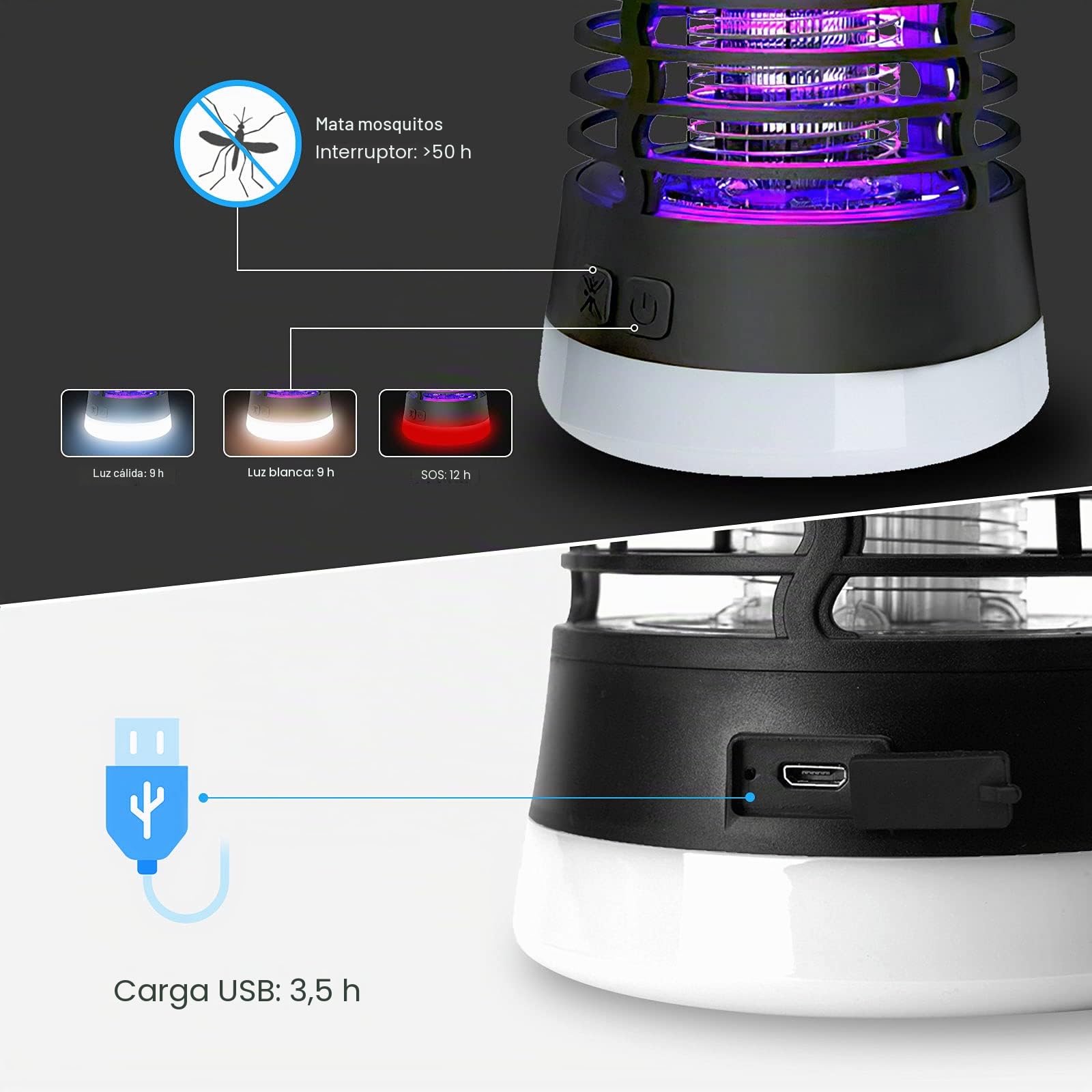 Lámpara Antimosquitos Eléctrico Recargable, Mosquitera Eléctrica USB 3 En 1 Trampa para Mosquitos 2200mAh Recargable A Prueba De Agua, 3 Modos Matamoscas IP66 para Interior Exterior