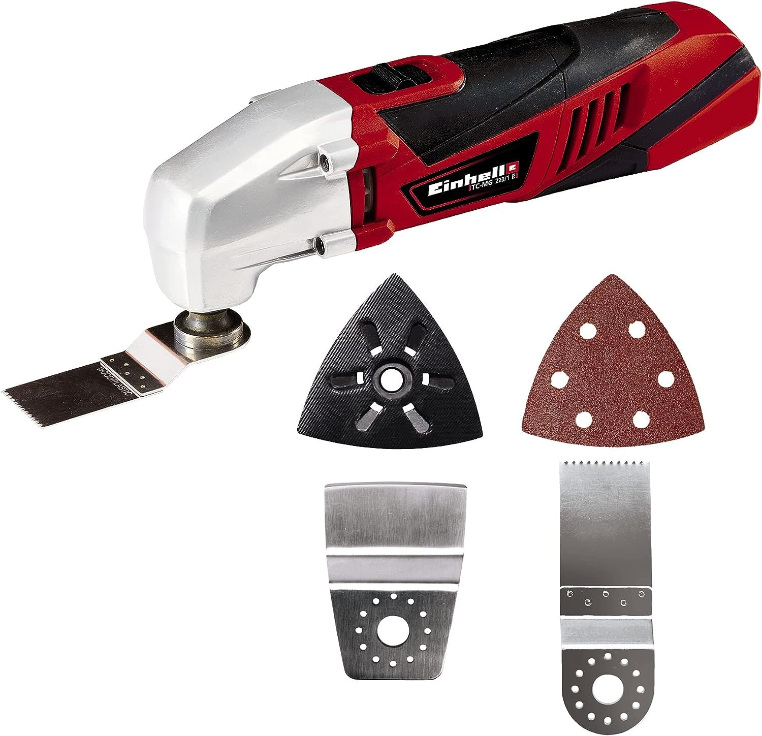 Einhell Herramienta multifuncional TC-MG 220/1 E (220 W, incluido adaptador de extracción de polvo, placa de lijado triangular, 1 papel de lija, raspador, hoja de sierra de incisión HCS)