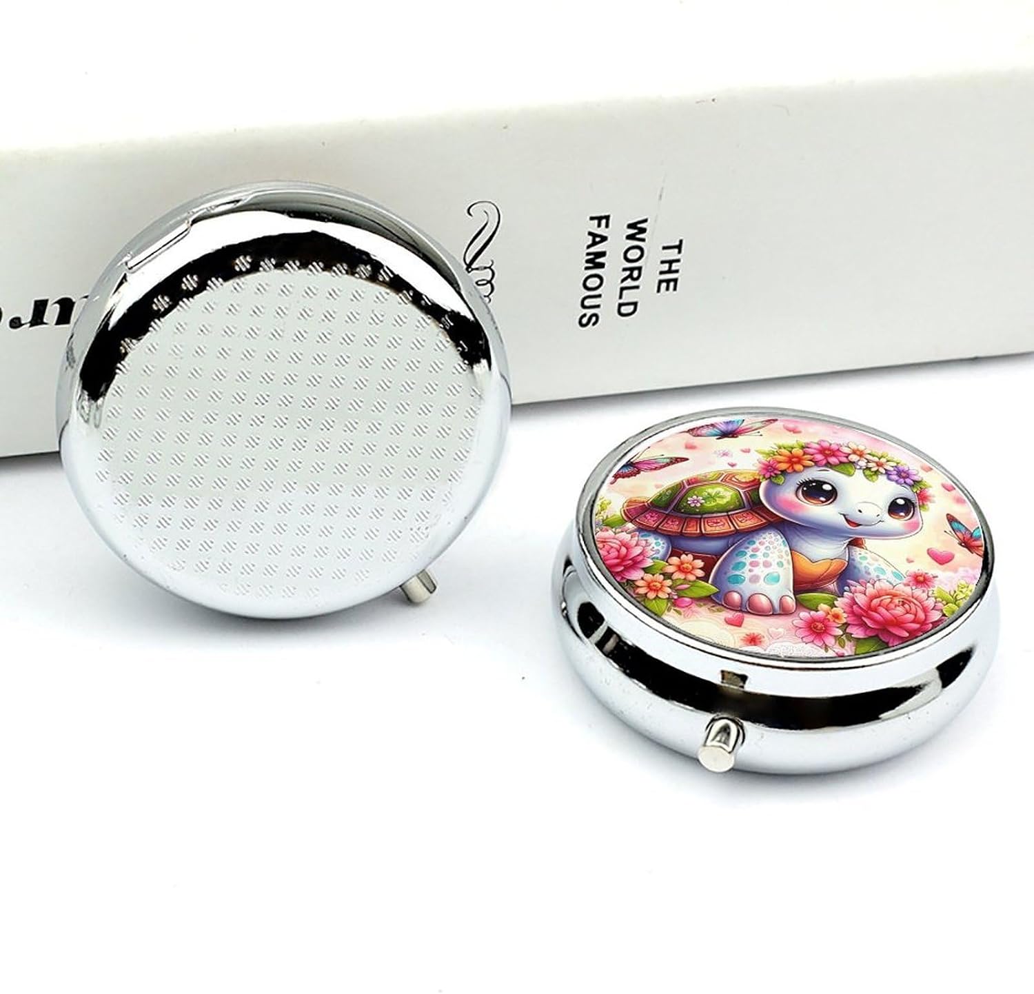 Flower Turtle Round Pill Box with 3 Compartments & Mirror image 4