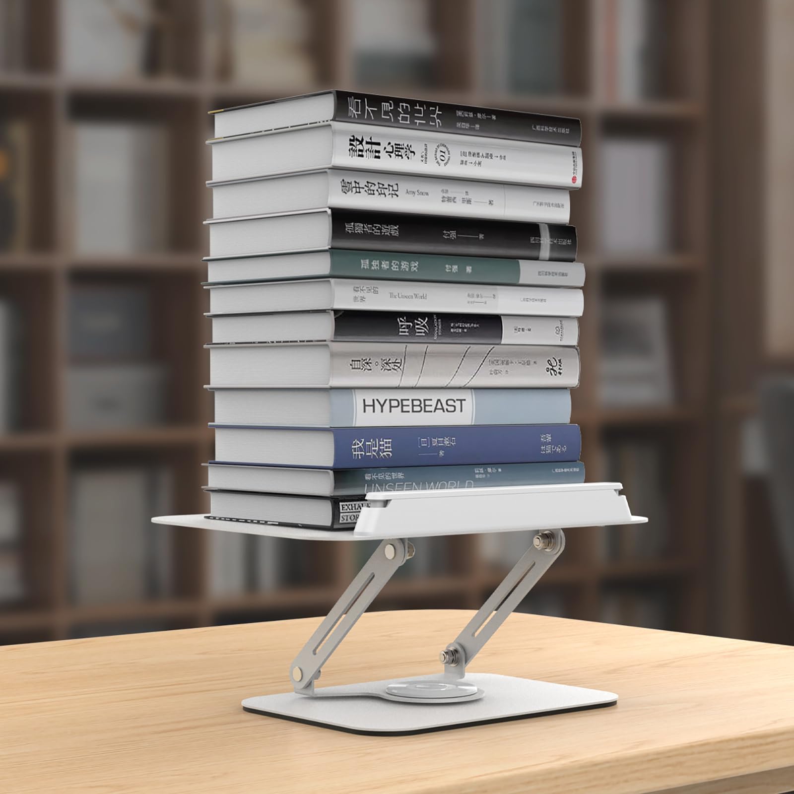 Buchständer zum Lesen, verstellbarer Tischbuchständer mit 360°-Drehfuß, faltbar, verstellbarer Winkel, multifunktional, für Kochbücher, Rezeptbücher, Tablets und Laptops - Silber