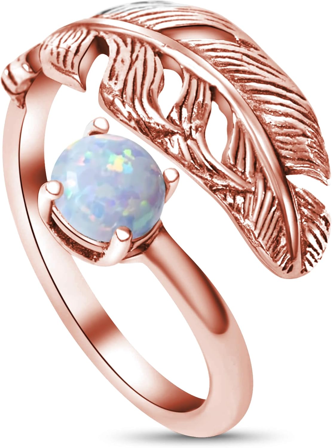 Adjustable Feather Ring For Women with White Opal Gemstone in 14K Rose Gold Plated on 925 Sterling Silver - Open Ended Spiral Ring; Dainty Feather Sizable Ring Jewelry, Handmade Jewelry For Women