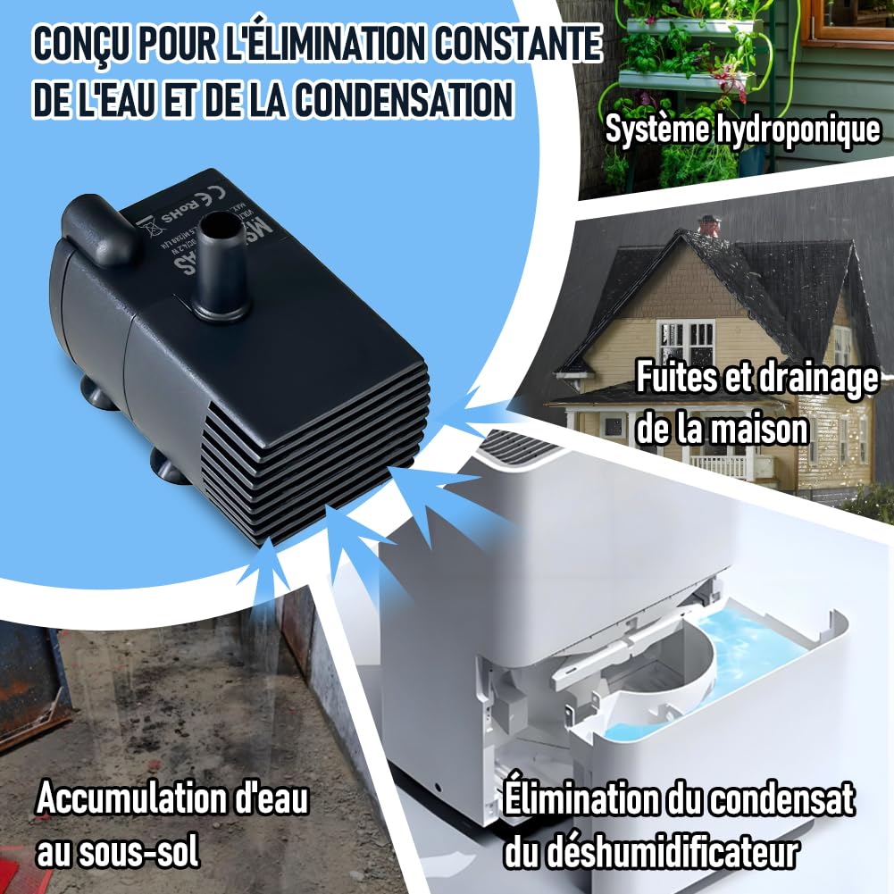 Petite pompe de puisard automatique avec capteur d'eau, élévation de 2,5 m, 280 L/h, 115V/230V mini pompe à condensats avec interrupteur à flotteur pour déshumidificateur, climatiseur, sous-sol