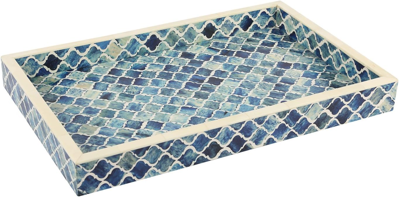Moorish Moroccan Pattern Inspired Trays – Ideal Ottoman Tray – Multipurpose Bone Inlay Serving Tray or Simply Use as a Decorative Trays 11x17 Inches Blue White : Home & Kitchen