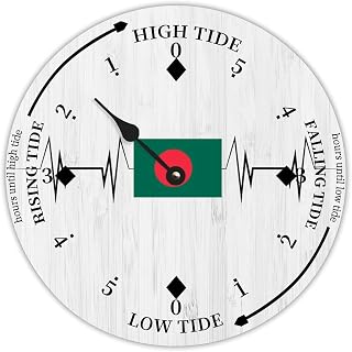 Rustic Wood Tide Clock Bangladesh Flags Ocean Time Wooden Clock Wood Moon Tidal Clock for Wall High and Low Tide Movement Clock for Seaside House Cottage Hotel Camping 12x12 in