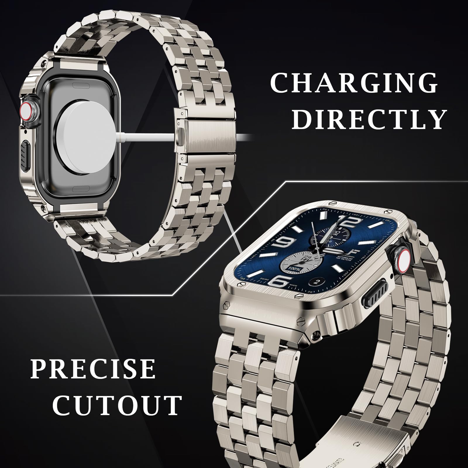 SUPLINK Bracelet en acier inoxydable pour Apple Watch Ultra 3/2/1 & SE 3/2/1 & Series 11 10 9 8 7 6 5 4 3 2 1, 49 mm, 46 mm, 45 mm, 44 mm, 42 mm, 41 mm, 40 mm, 38 mm, Rugged Bumper Case Band pour