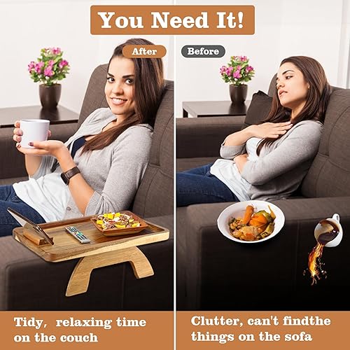 Miniatura 9 de Bandeja de brazo de sofá, mesa plegable con soporte giratorio de 360, bandeja de sofá de bambú para bebidas, aperitivos, frutas