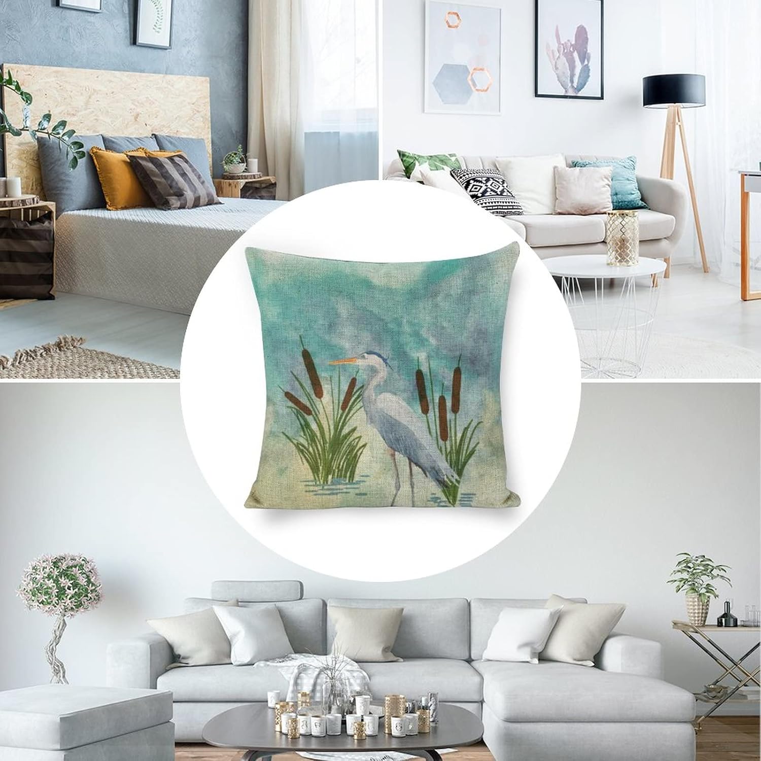 Decorative Throw Pillow Covers 18X18 Watercolor Blue Heron Square Linen Pillowcases Cushion Case for Couch Sofa - Image 4