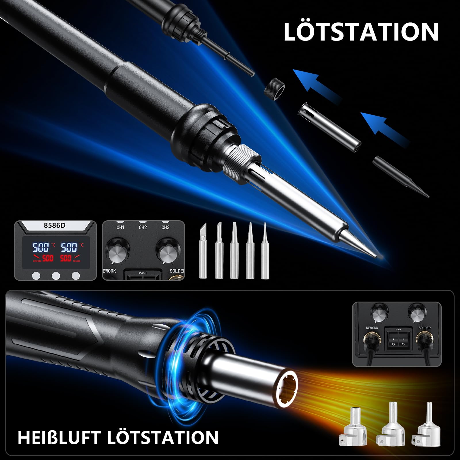 Lötstation, Heißluft Lötstation 2 in 1 Lötkolben Set 60W Soldering Station Entlötstation,Lötkolben 180-500℃,Lötset für Enthält 5 Schweißköpfe 3 Heißgasdüsen 2 Pinzen