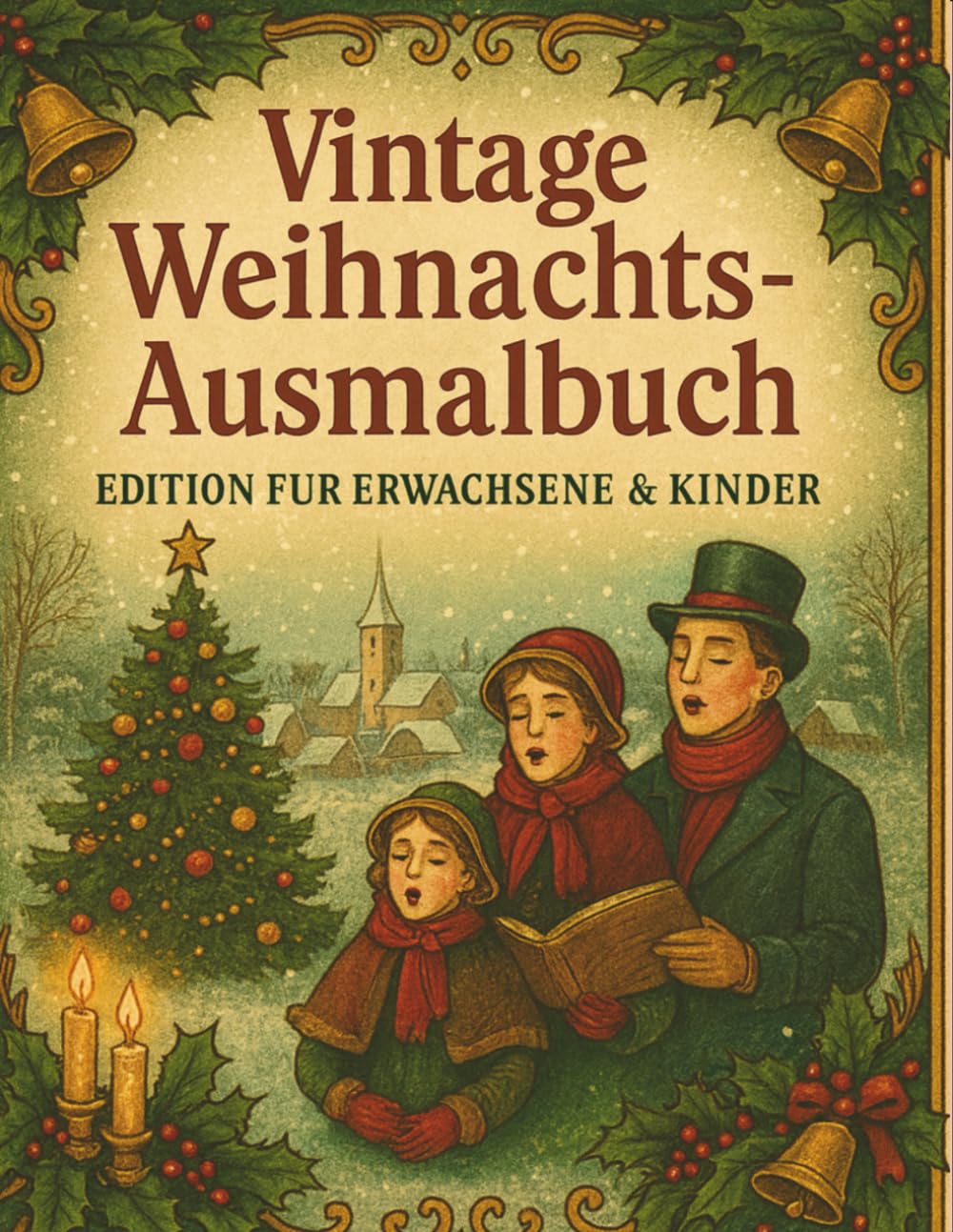 Vintage Weihnachts-Malbuch: 30 gemütliche, einrahmbare Illustrationen für Erwachsene und Kinder – klassische Straßen, Winterhäuser, 1950er-Jahre-Jahrmärkte, Cafés und mehr