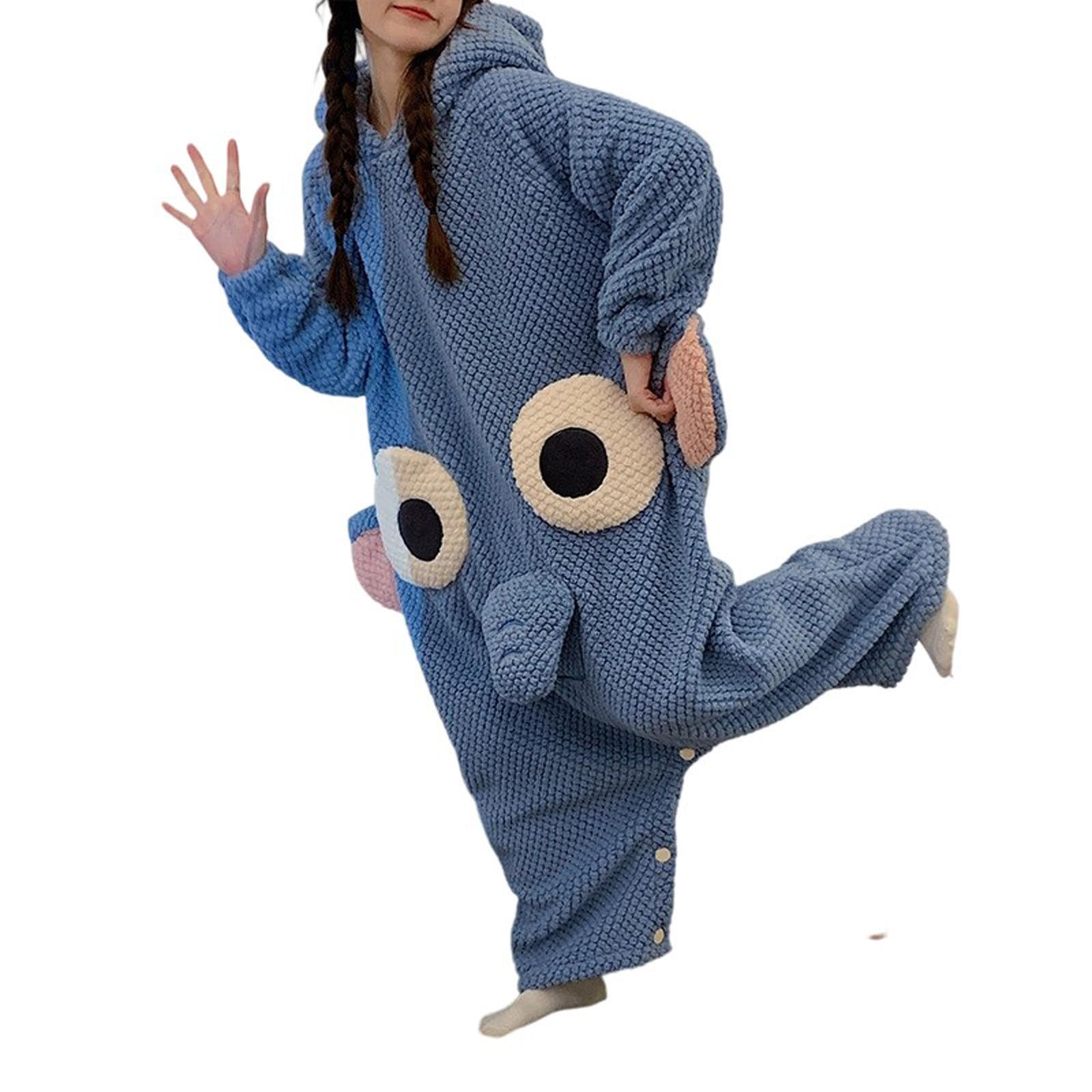 HAOLEI Pijama Adulto Divertido Animales Ropa de Dormir Lindo Onesie Mujeres Hombres Suaves Cómodos Pijamas Entero Manga Larga con Capucha Mono de Elefante Navidad Halloween Disfraz de Cosplay, Azul