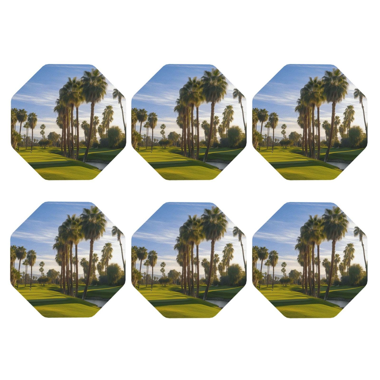 6pcs Leather Coasters for Drinks, Palm Tree Golf Course Drink Coasters for Tabletop Protection, 4" Cup Coasters for Coffee Table Decor, Non-Slip Drinking Cup Mat for Hot Or Cold Drink