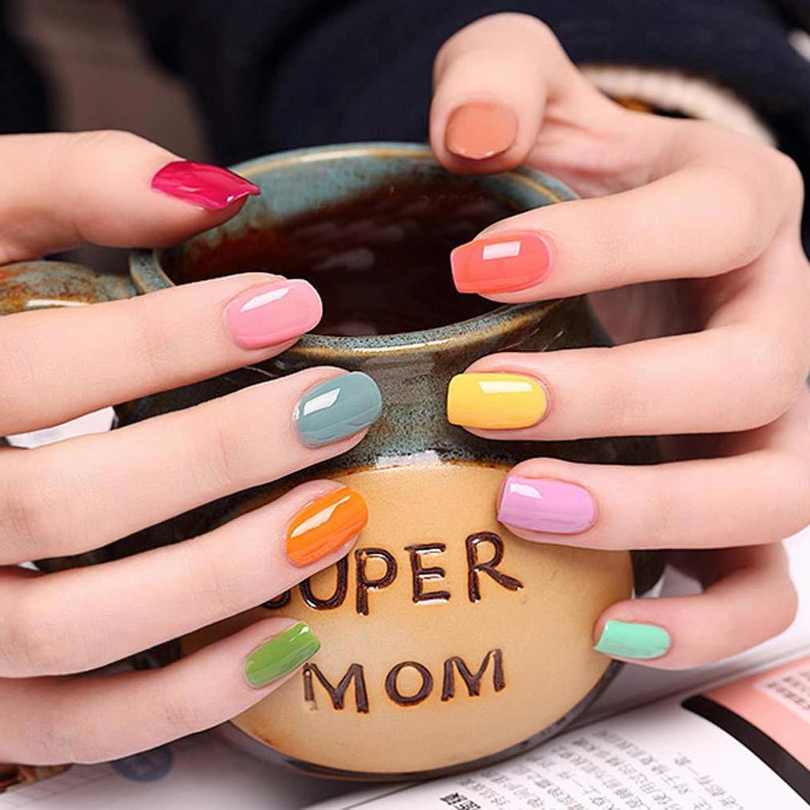 MISUDColorful Square False Nails Multicolor Full Cover Press on Glossy Flake Nails Short Manicure Acrylic Nails for Office and Daily Used (Orange Red, Lemon Yellow, Light Green, White)