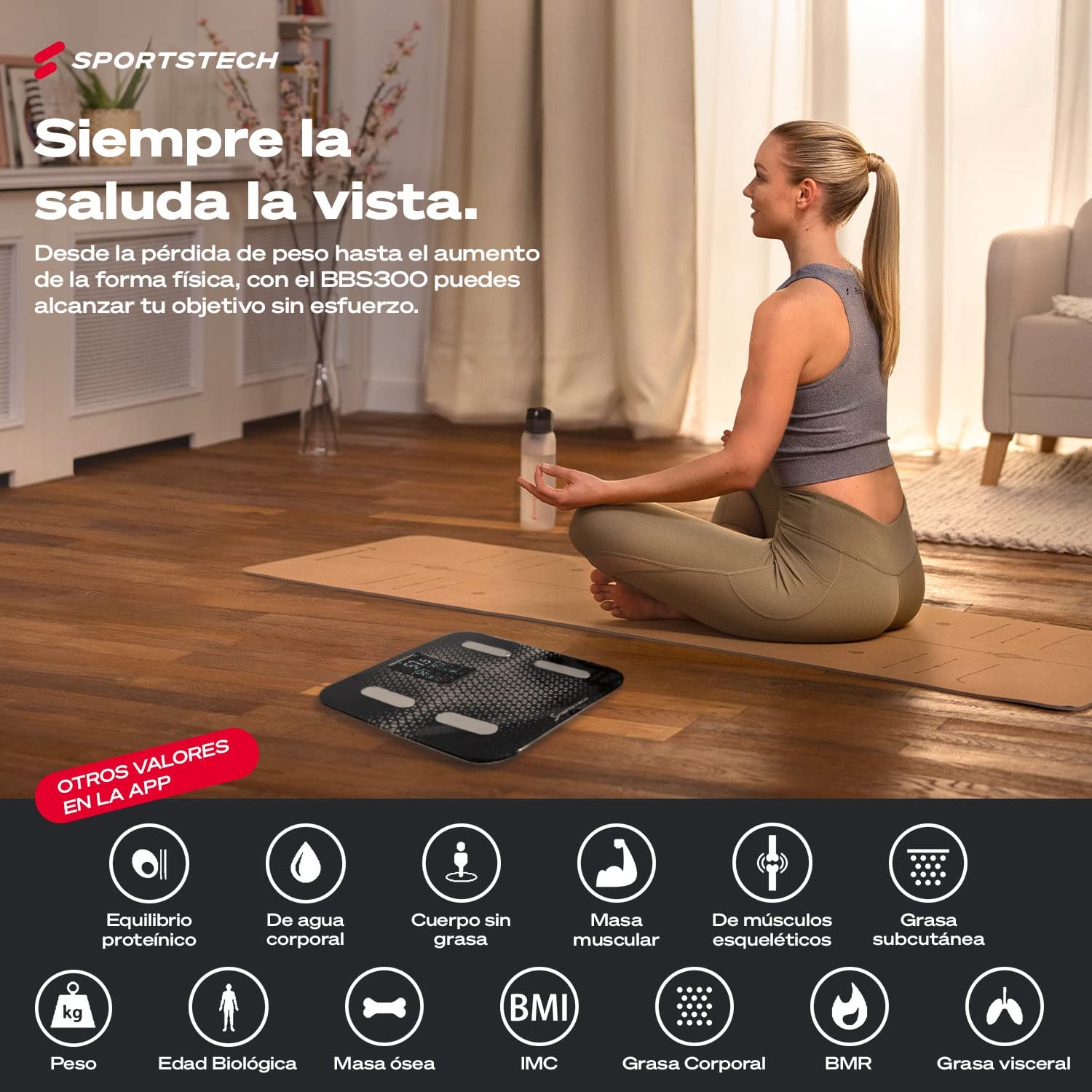 Sportstech Báscula Digital Análisis de Grasa Corporal y Masa Muscular + Pantalla Extra Grande | Báscula de baño de hasta 180 kg | Pesa con Bluetooth y App de bajo consumo | Batería de 30 días | BBS300