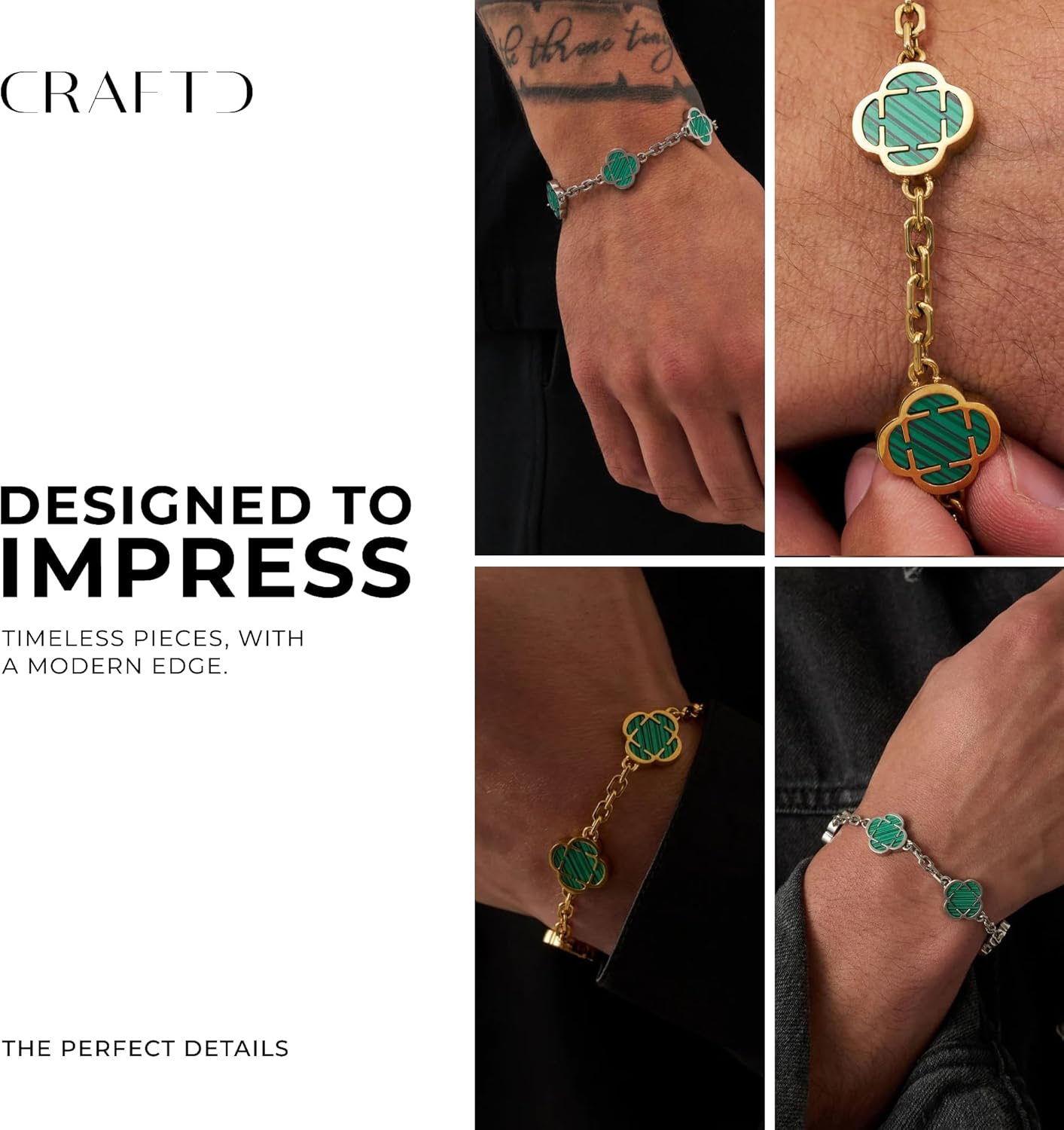 CRAFTD - Green Malachite Clover Stone Gold Bracelet - Durable 18K Gold & 316L Stainless Steel - Waterproof, Heat & Sweat Resistant - Gifts for Men - Men's Jewelry