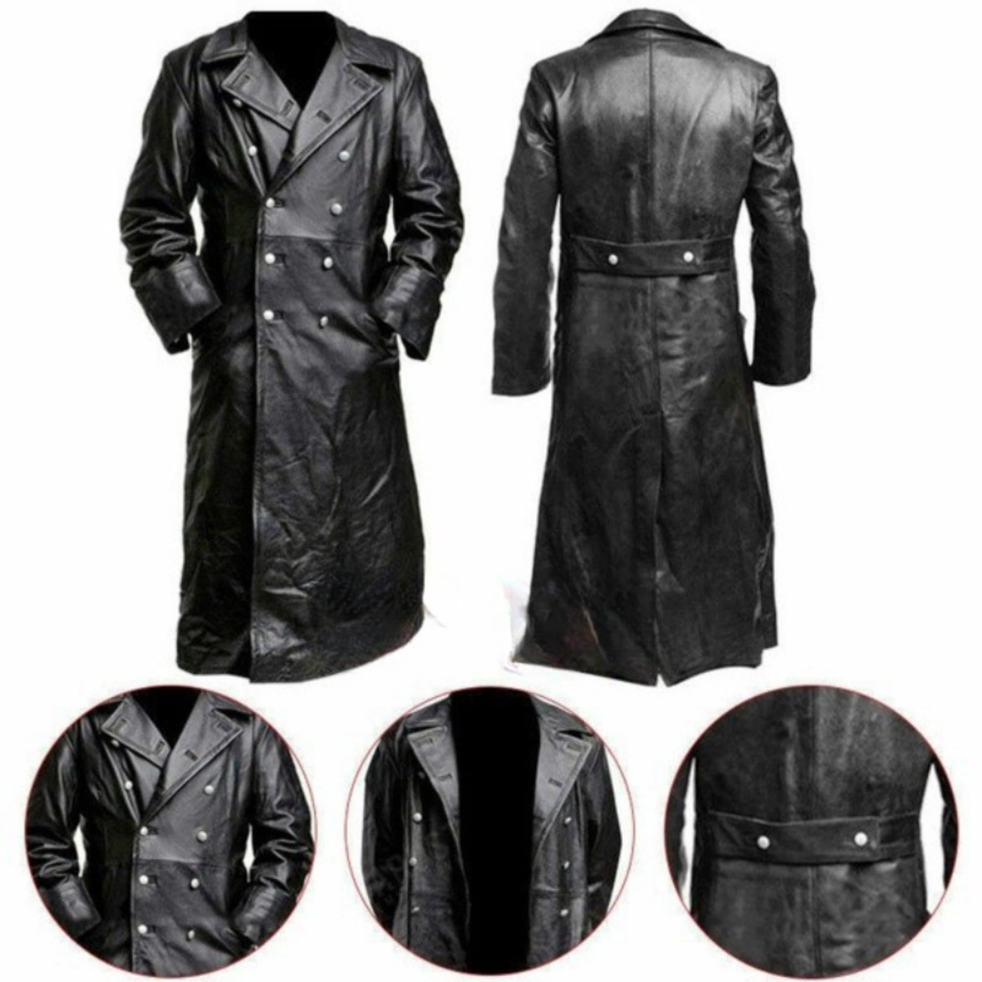 Männer Zweireihige Leder Trenchcoat Militär Uniform Volle Länge Mantel Vintage Motorrad Lange Jakcet