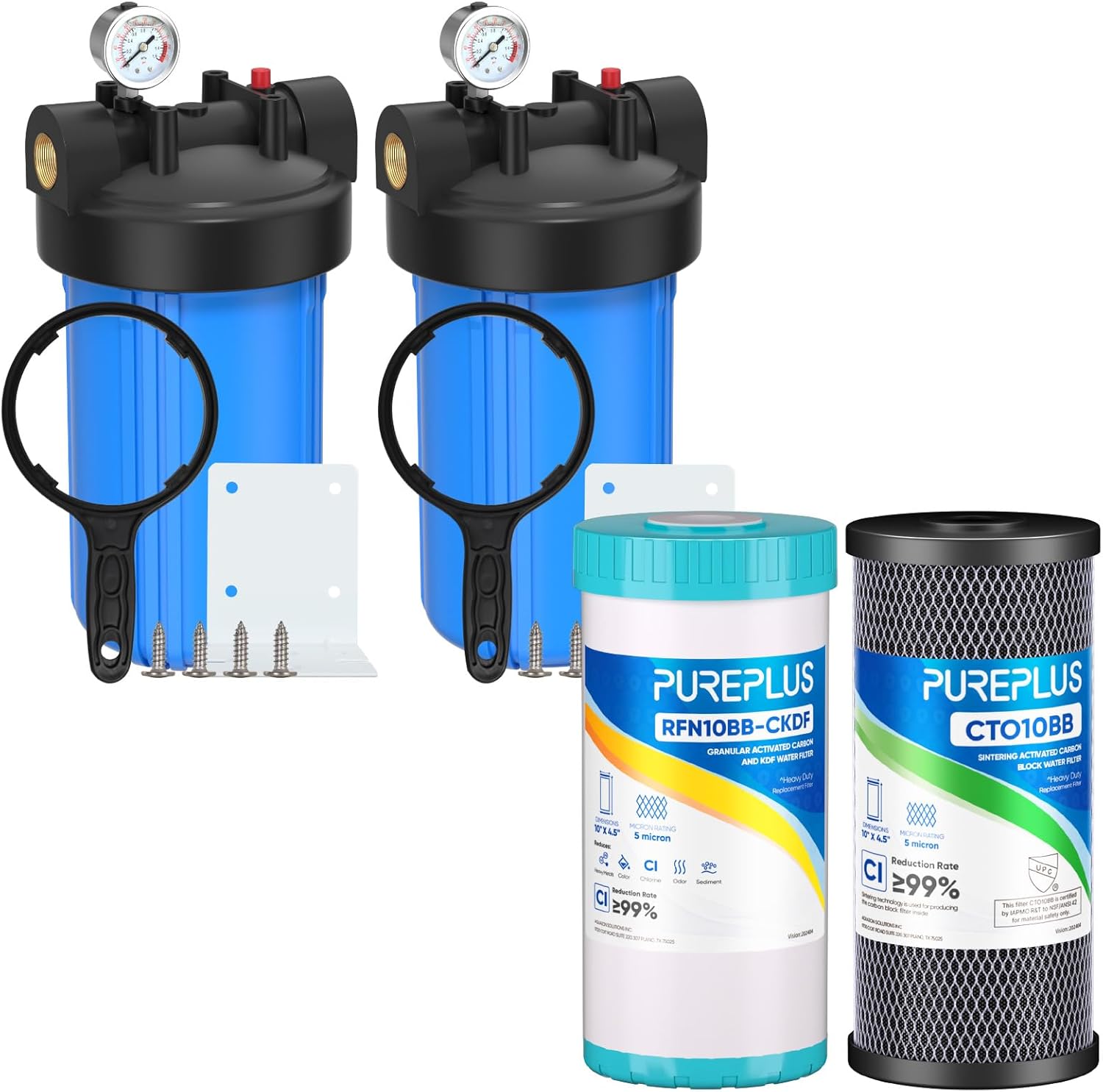 PUREPLUS Whole House Water Filter, 10"x4.5" Universal Housings, Blue, KDF and Activated Carbon Block Filter, Replacement for WFHDC8001, CB-BB-10, FXHTC, GXWH40L, GXWH35F