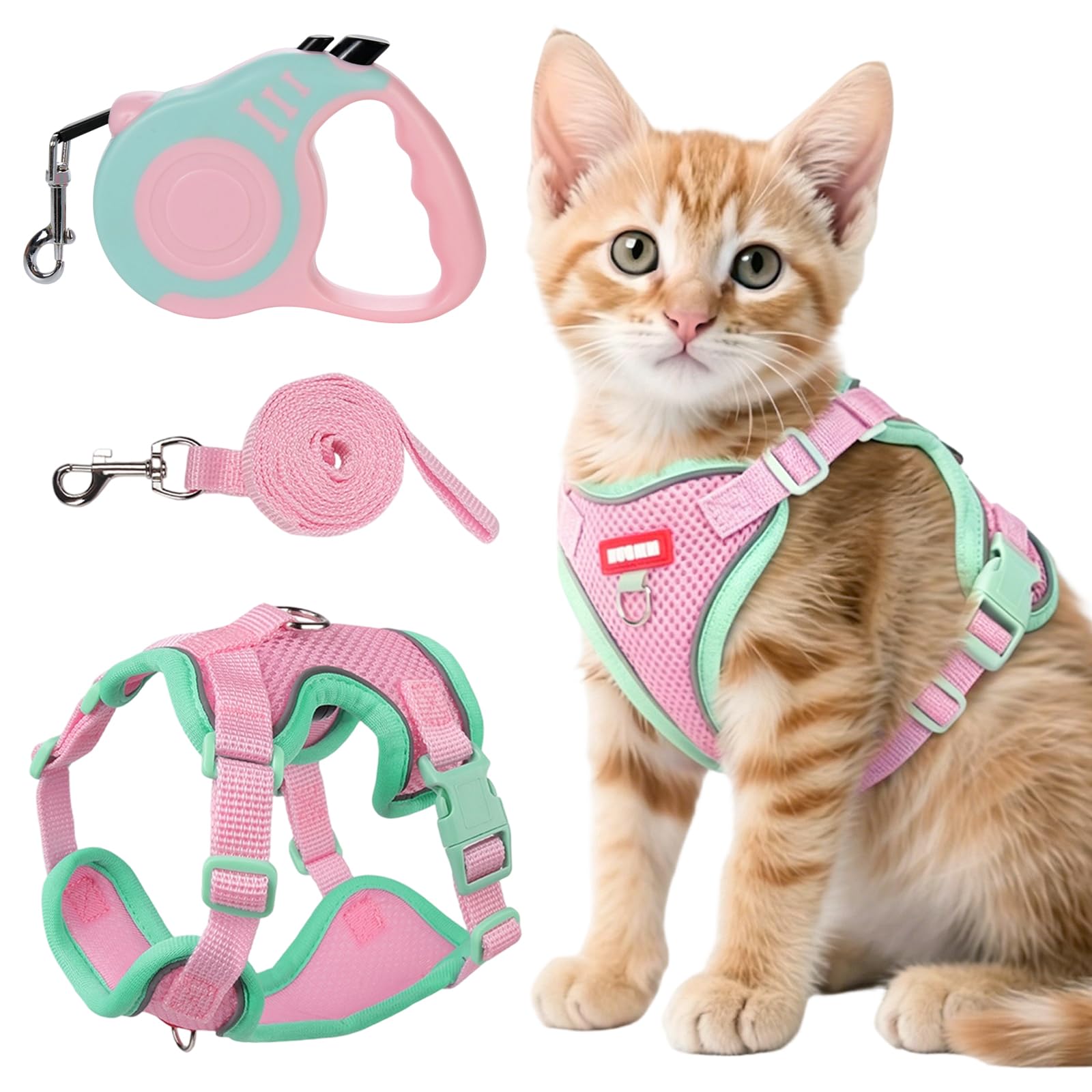 Harnais Chat avec Rétractables Laisse pour Chat, Reglable Harnais Chaton, et 3m Laisse Chat Rétractables, pour Chat Petit Chien Rose
