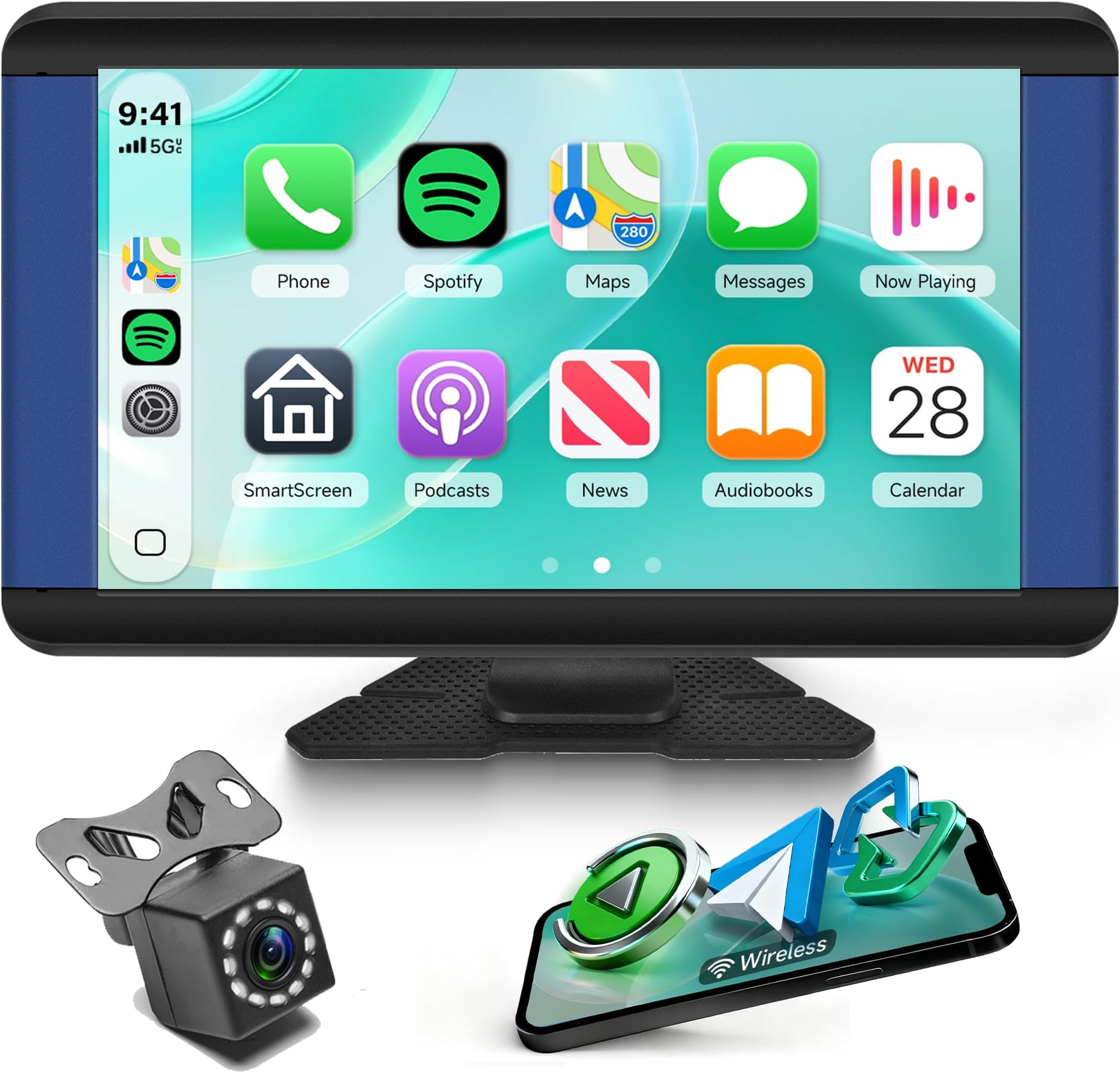 Portable Car Stereo Wireless Carplay Android Auto,7 Inch Touch Screen Radio Bluetooth Hands-Free/Mirror Link/Navigation/Voice Control/TF Card/AUX Cable,for All Vehicles + Backup Camera