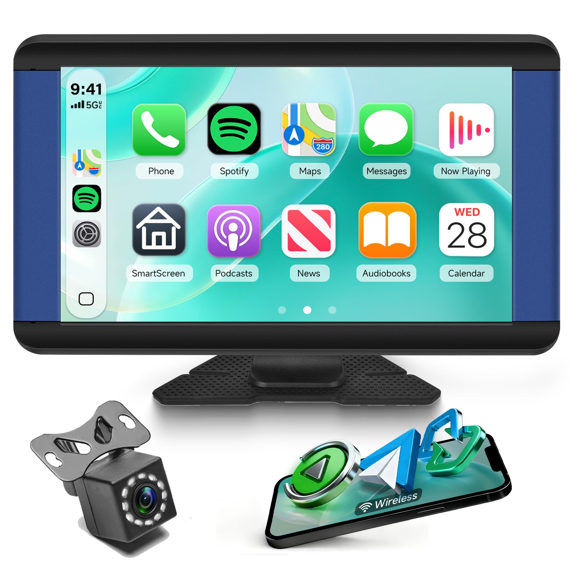 Rimoody Portable Car Stereo Wireless Carplay Android Auto,7 Inch Touch Screen Radio Bluetooth Hands-Free/Mirror Link/Navigation/Voice Control/TF Card/AUX Cable,for All Vehicles + Backup Camera