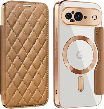 kaidisen Google Pixel 9 Case, Notebook-type, MagSafe Compatible, Quilted, Transparent Back, Clear, Cute, Womens Notebook, Pixel9 Case, Checkered Pattern, Gorgeous Card Storage, Wallet-type, Brown