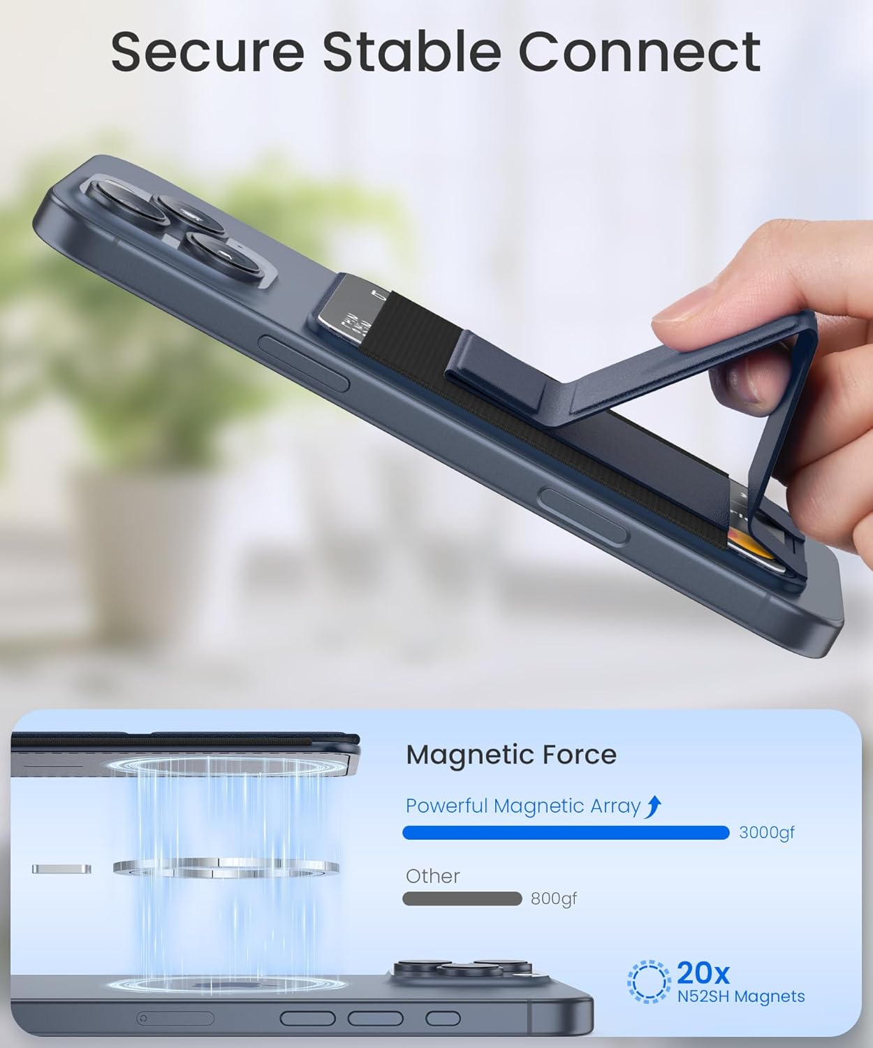 GONEZ for MagSafe Wallet with Stand, Stronger Magnetic Card Holder for iPhone 17/16/15/14/13/12 Series, Premium Leather Phone Wallet with RFID Blocking, 1 Slot, Fit 5 Cards, Dark Blue
