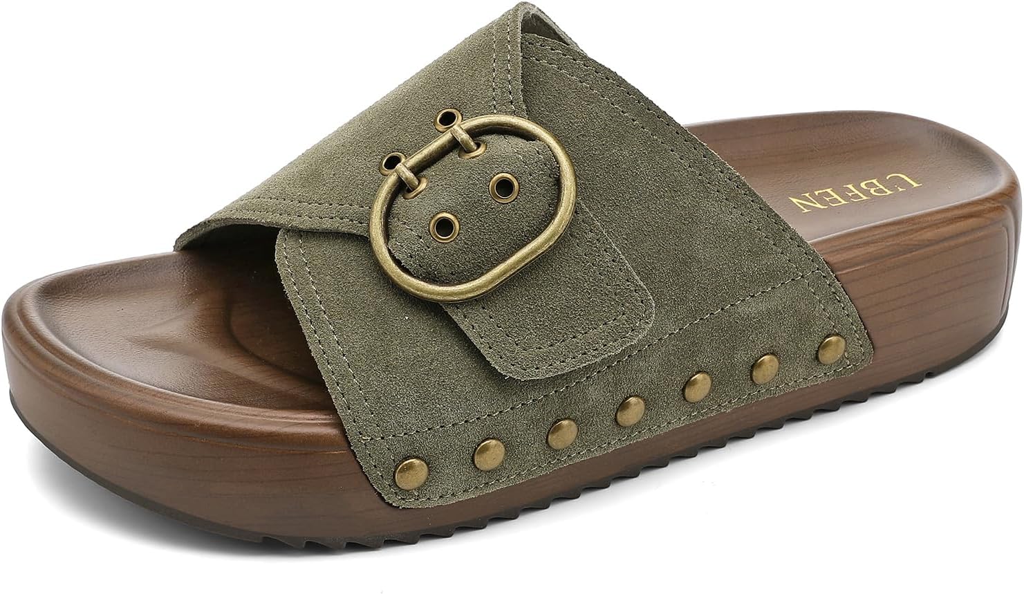 UBFEN Womens Platform Sandals Slides Genuine Leather Adjustable Buckle and Cushion Footbed Comfortable Slip On Retro Shoes