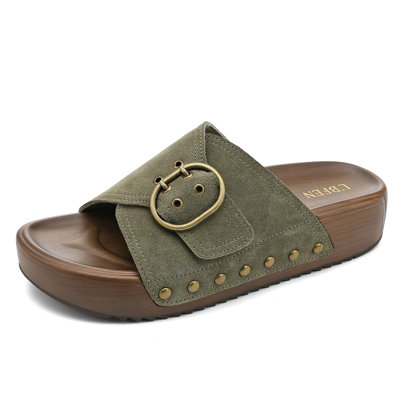 UBFEN Womens Platform Slide Sandals | Real Leather,Buckle Sandals with Cushioned Flatform Footbed,Comfortable for Walking,Arch Support,Casual Styling