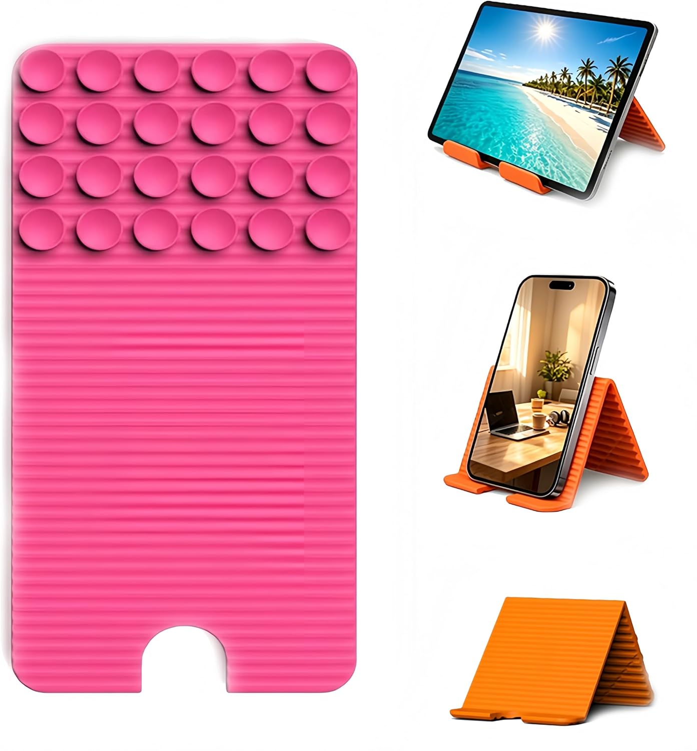 Flexible Silicone Phone Stand with Suction Cups & Charging Port Cutout, Bendable Foldable Cell Phone Stand for All Smartphones